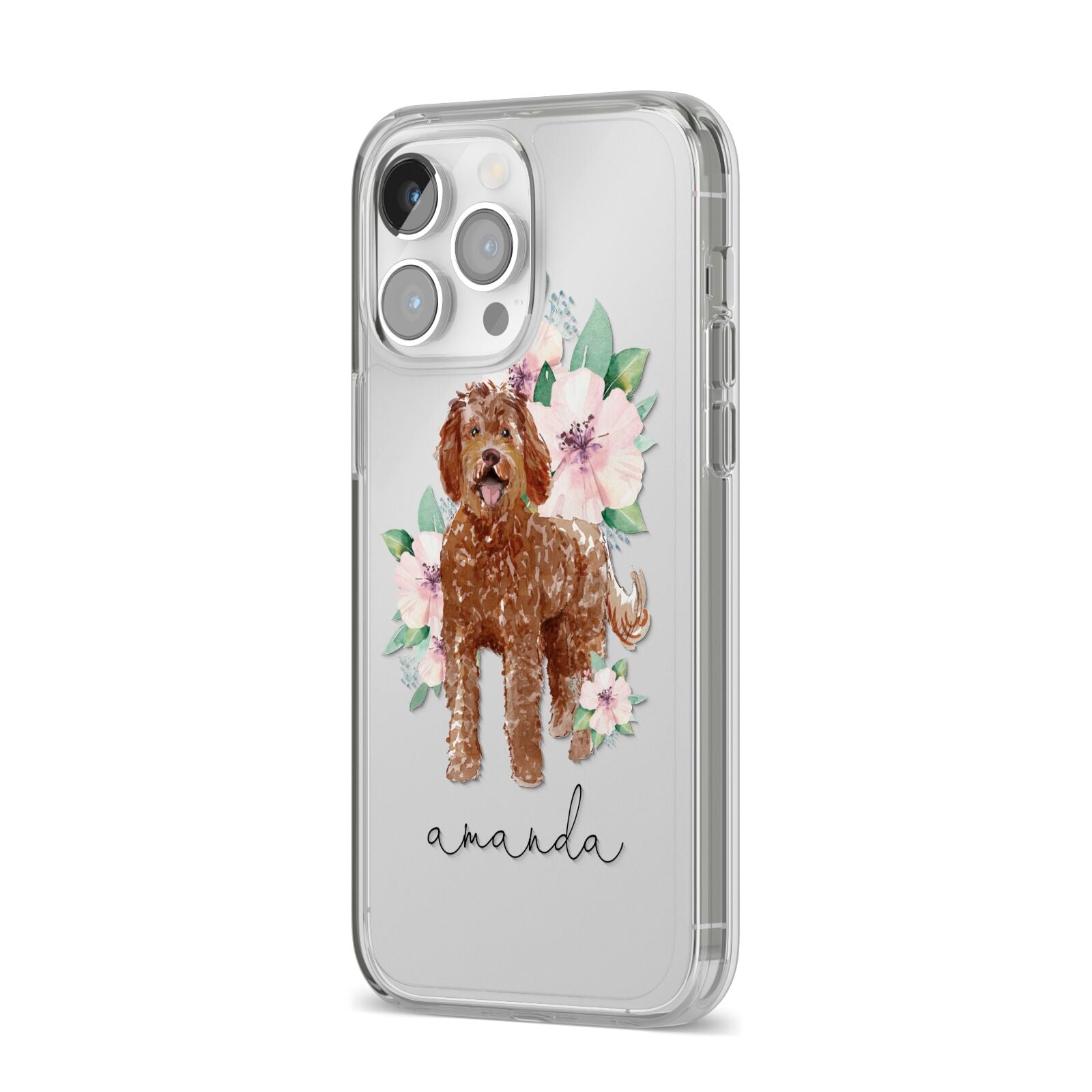 Personalised Labradoodle iPhone 14 Pro Max Clear Tough Case Silver Angled Image