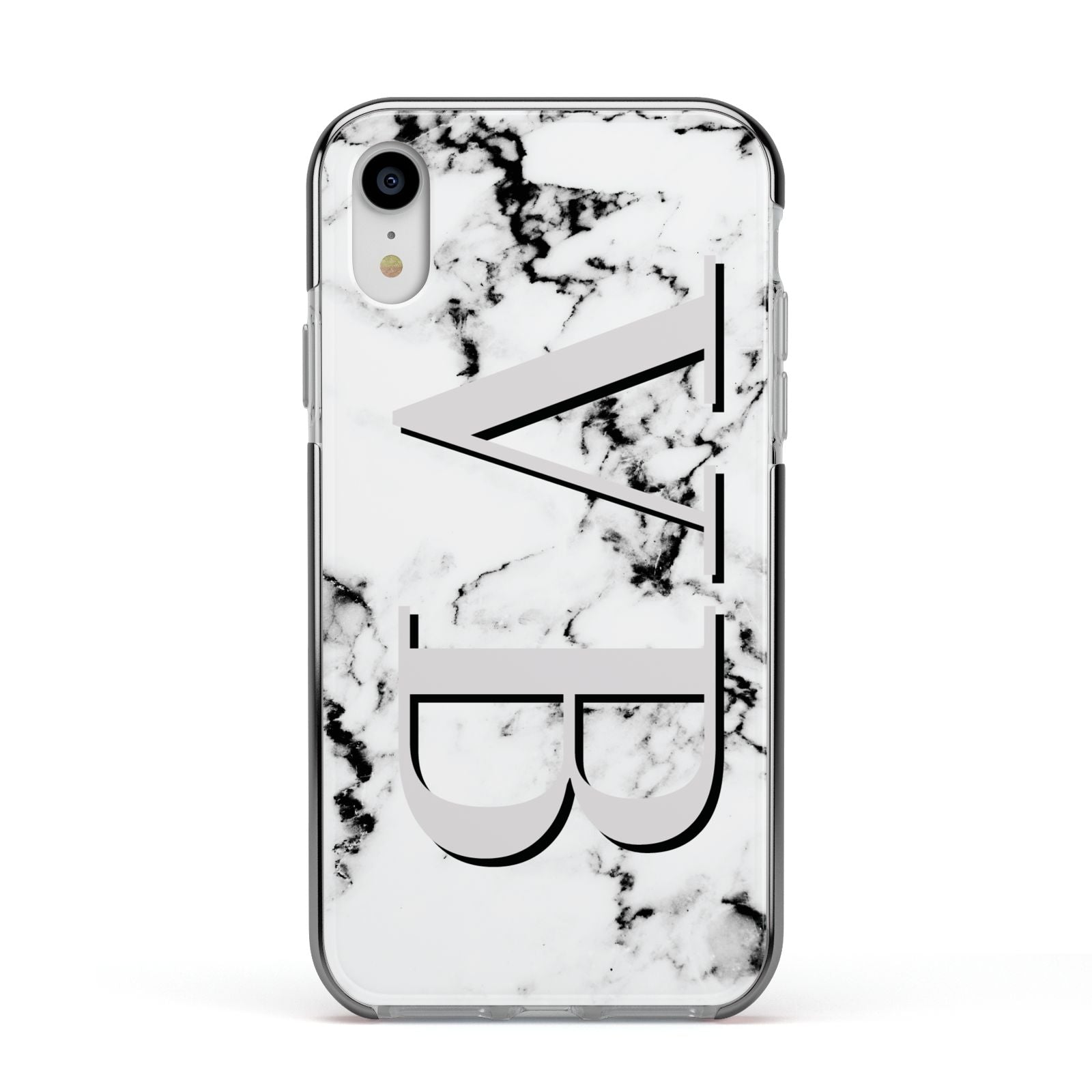 Personalised Landscape Initials With Marble Apple iPhone XR Impact Case Black Edge on Silver Phone