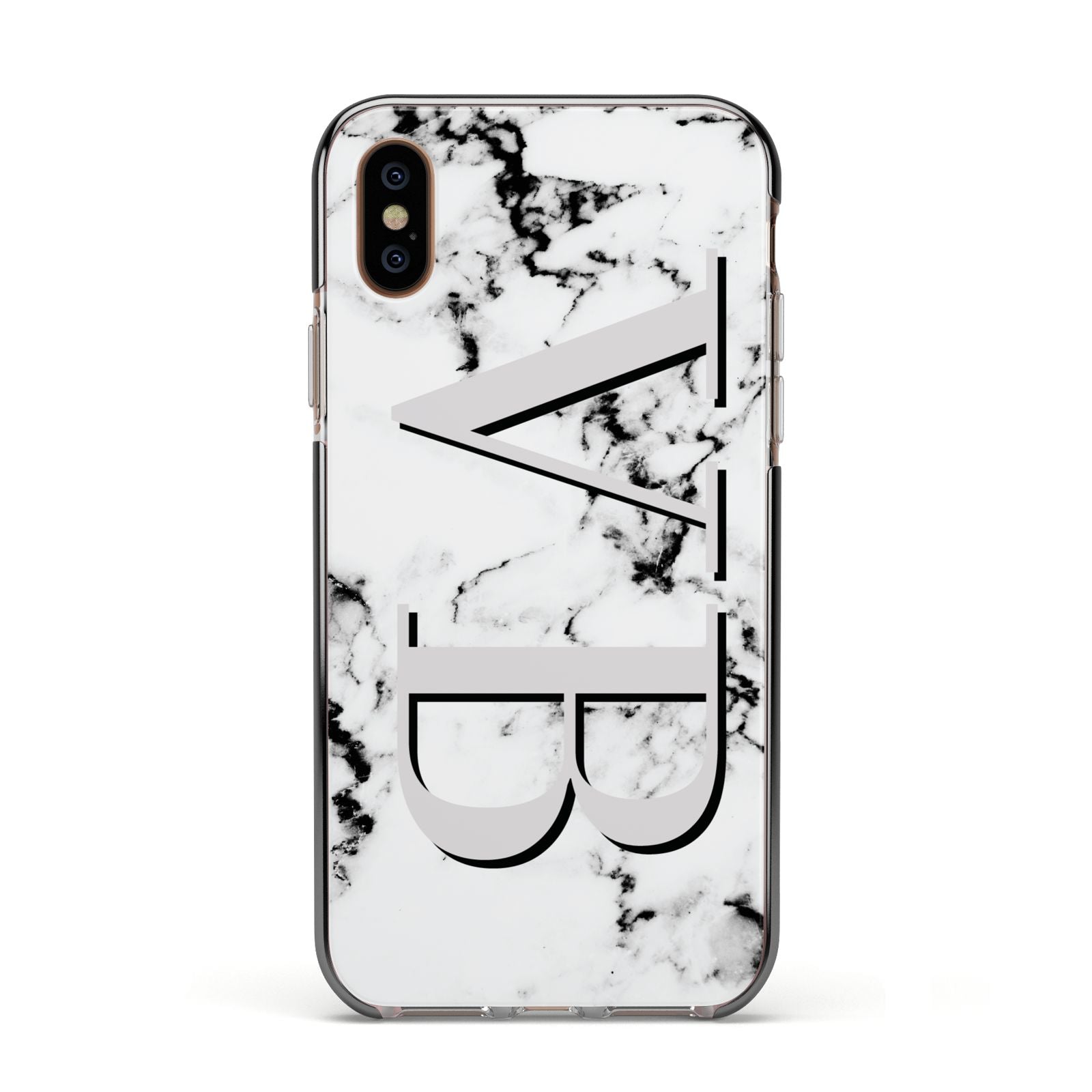Personalised Landscape Initials With Marble Apple iPhone Xs Impact Case Black Edge on Gold Phone