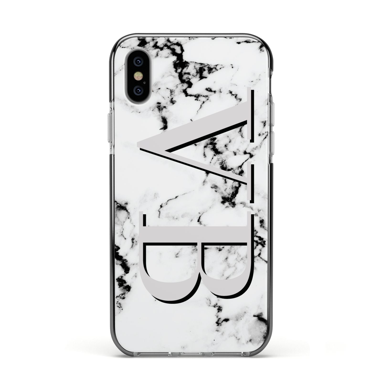 Personalised Landscape Initials With Marble Apple iPhone Xs Impact Case Black Edge on Silver Phone