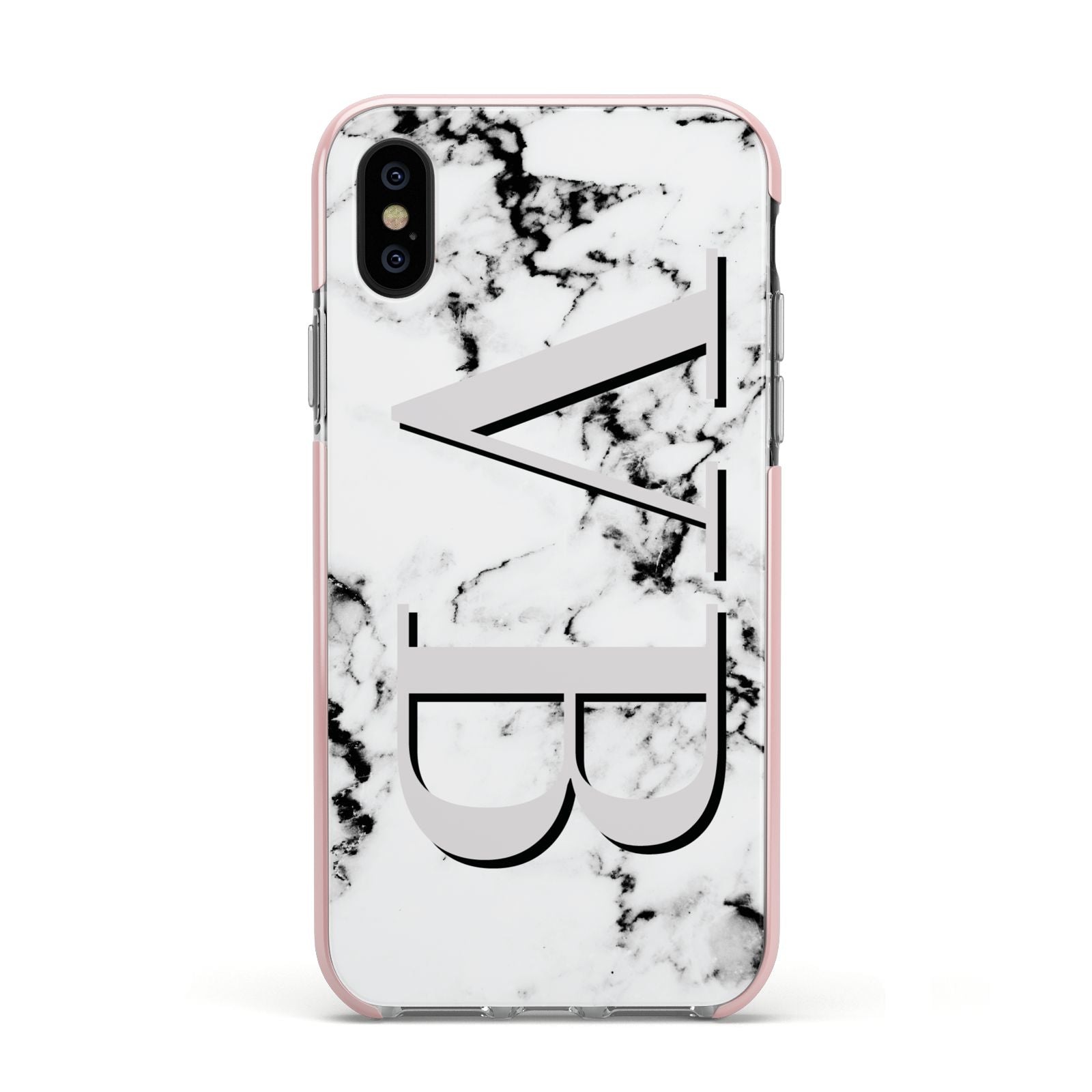 Personalised Landscape Initials With Marble Apple iPhone Xs Impact Case Pink Edge on Black Phone