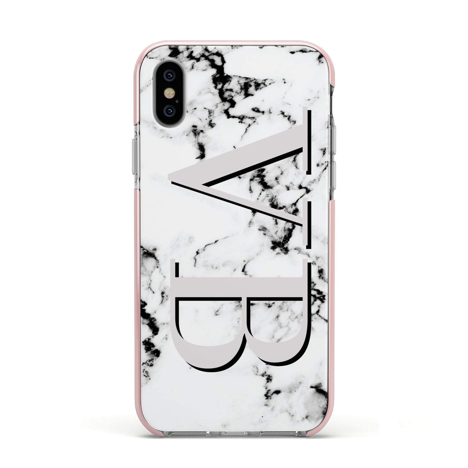 Personalised Landscape Initials With Marble Apple iPhone Xs Impact Case Pink Edge on Silver Phone
