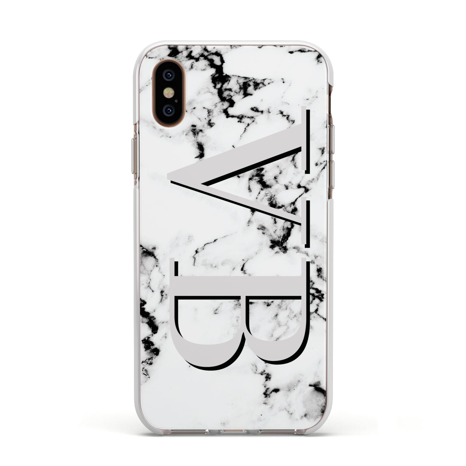 Personalised Landscape Initials With Marble Apple iPhone Xs Impact Case White Edge on Gold Phone