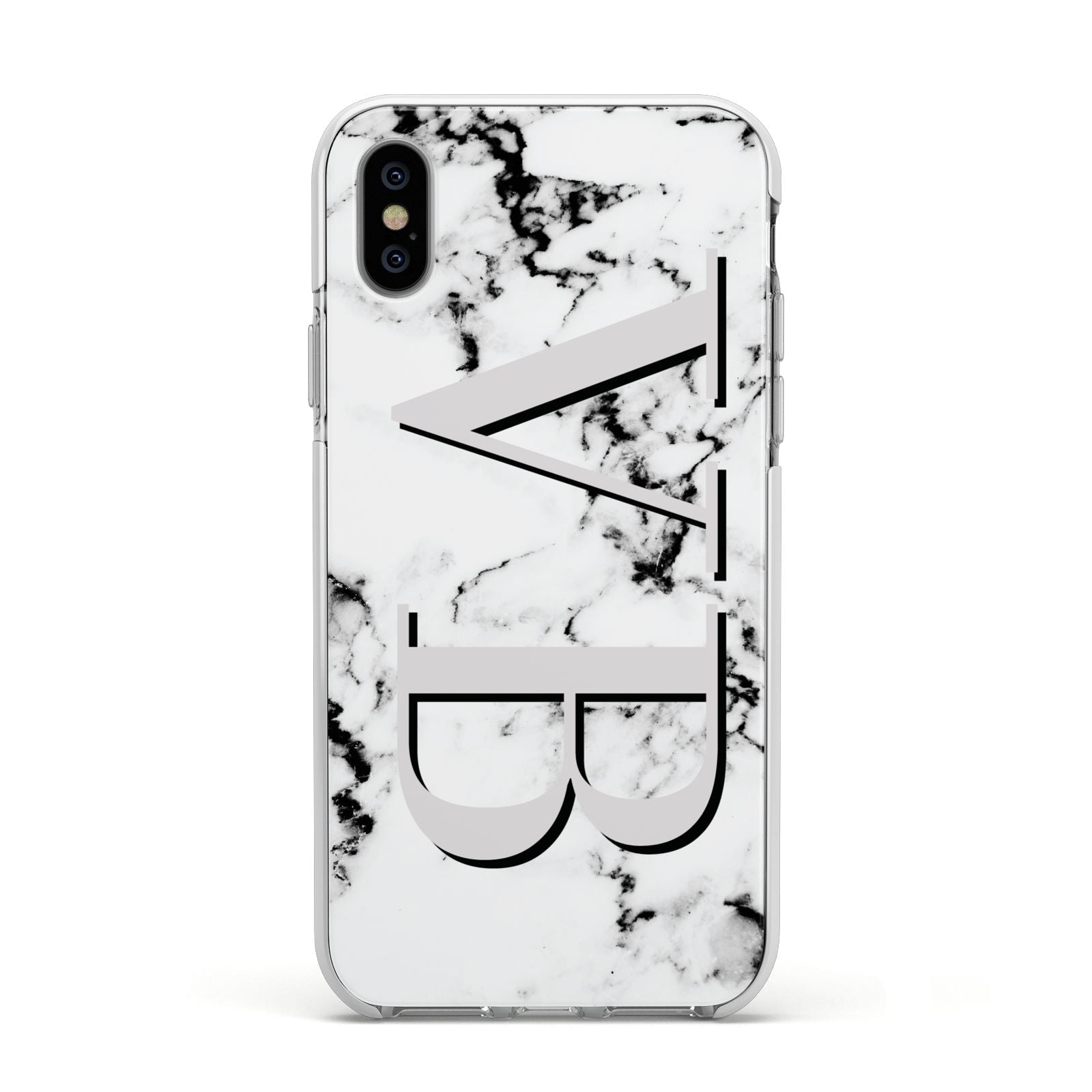 Personalised Landscape Initials With Marble Apple iPhone Xs Impact Case White Edge on Silver Phone