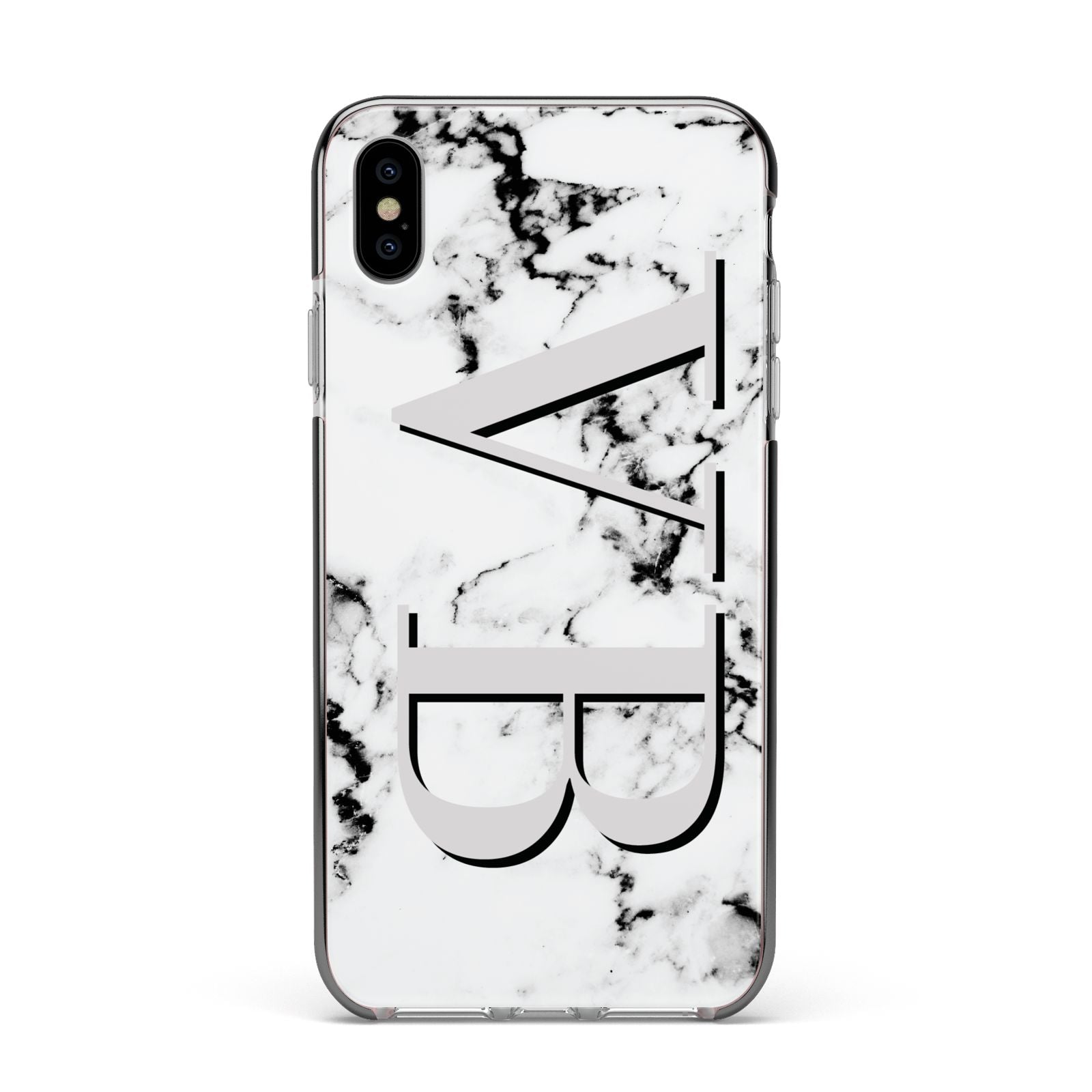 Personalised Landscape Initials With Marble Apple iPhone Xs Max Impact Case Black Edge on Silver Phone