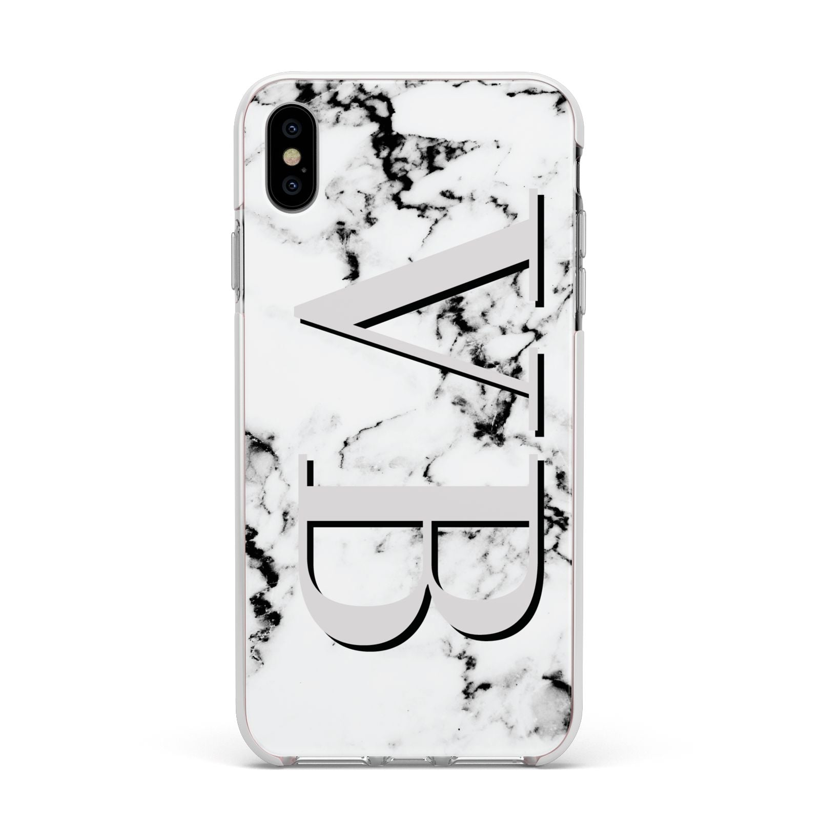 Personalised Landscape Initials With Marble Apple iPhone Xs Max Impact Case White Edge on Silver Phone