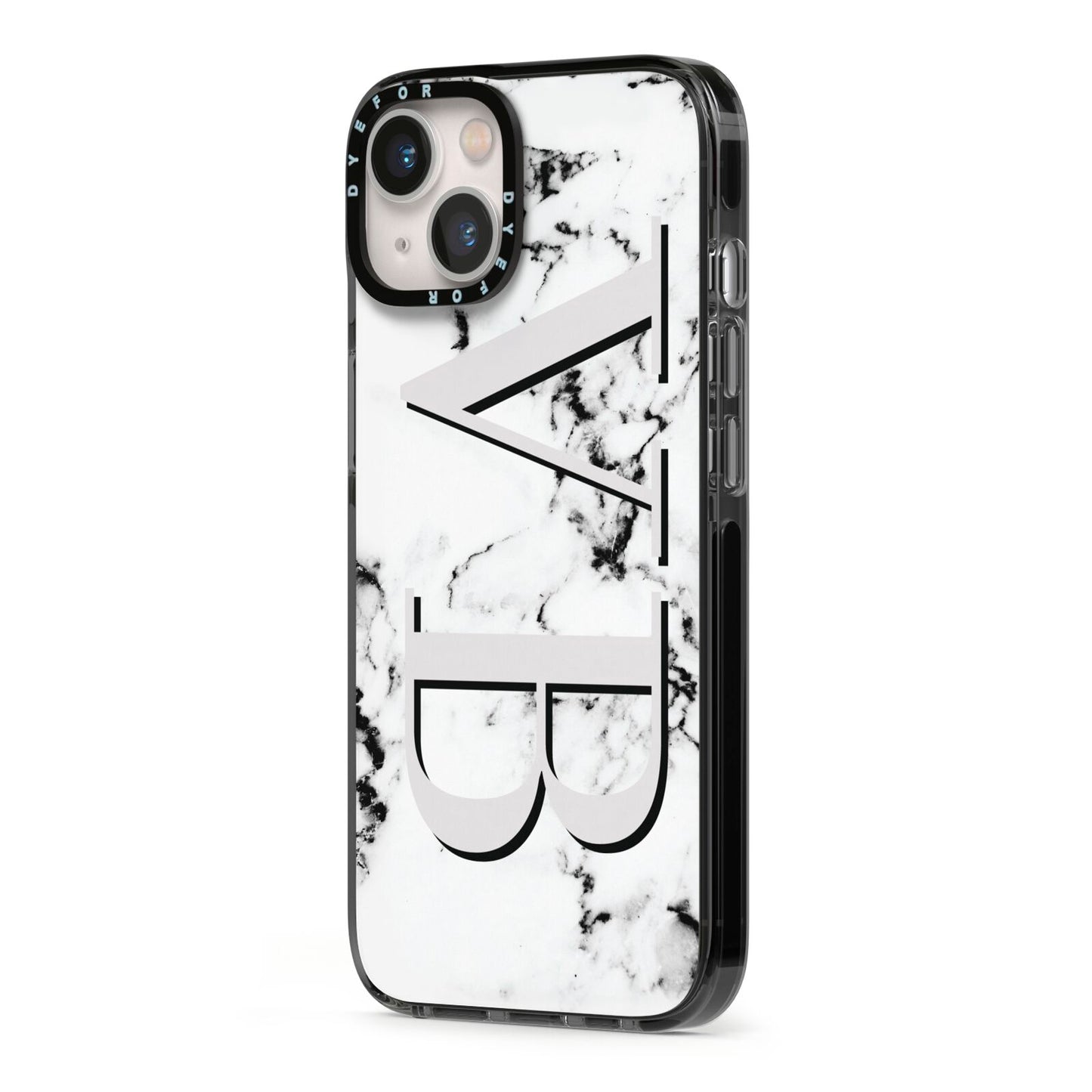 Personalised Landscape Initials With Marble iPhone 13 Black Impact Case Side Angle on Silver phone