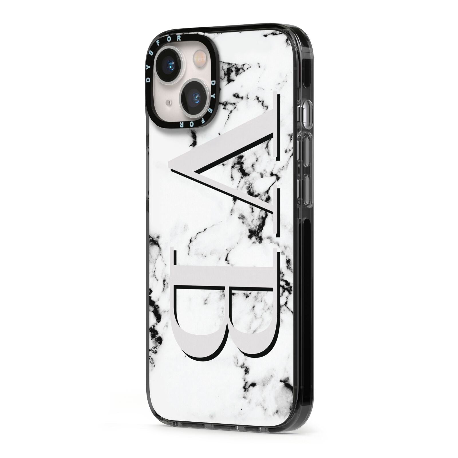 Personalised Landscape Initials With Marble iPhone 13 Black Impact Case Side Angle on Silver phone