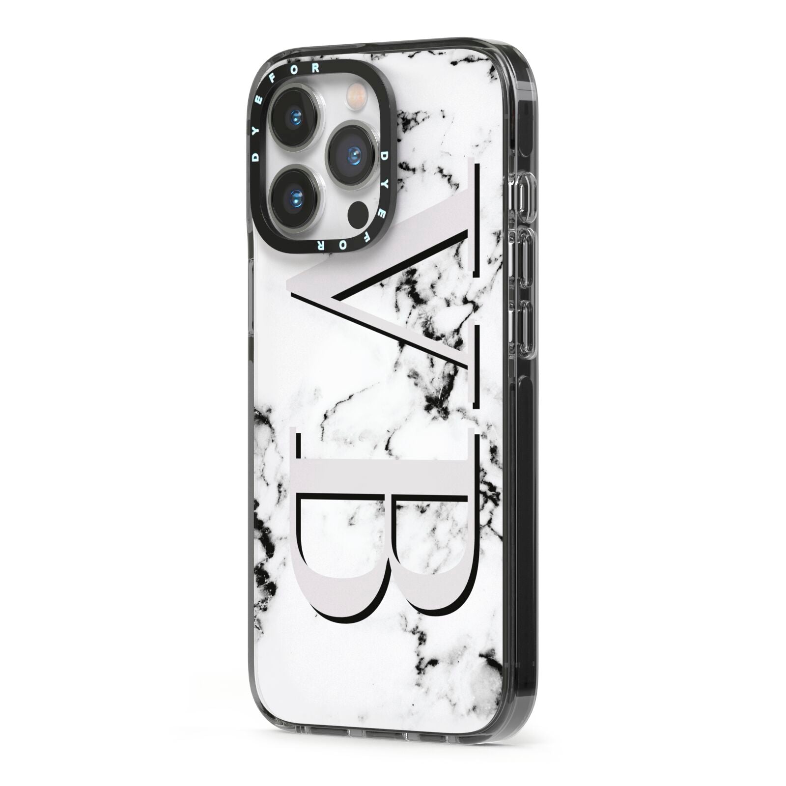 Personalised Landscape Initials With Marble iPhone 13 Pro Black Impact Case Side Angle on Silver phone
