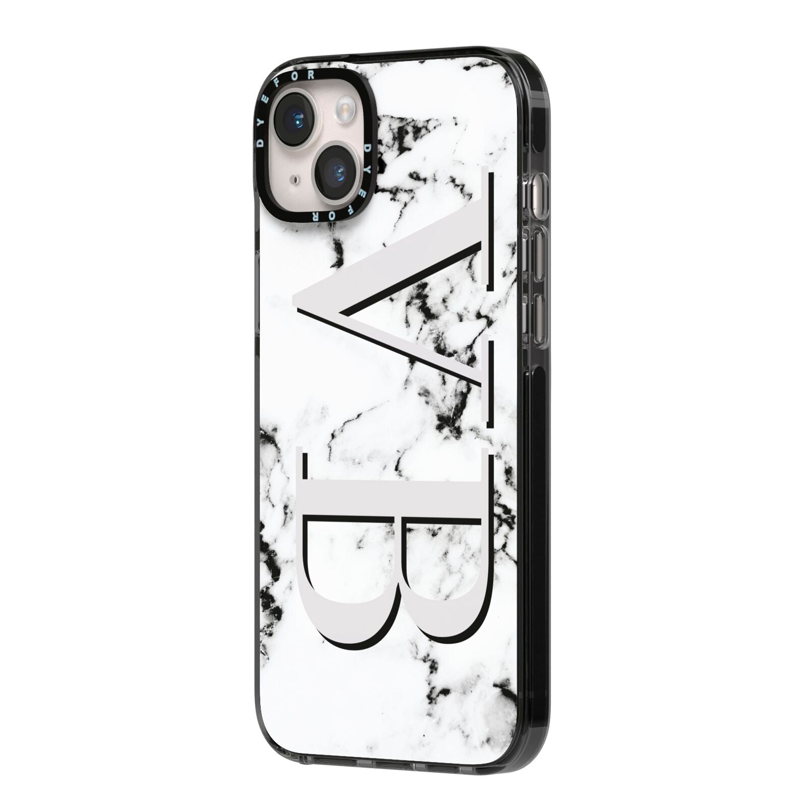 Personalised Landscape Initials With Marble iPhone 14 Plus Black Impact Case Side Angle on Silver phone