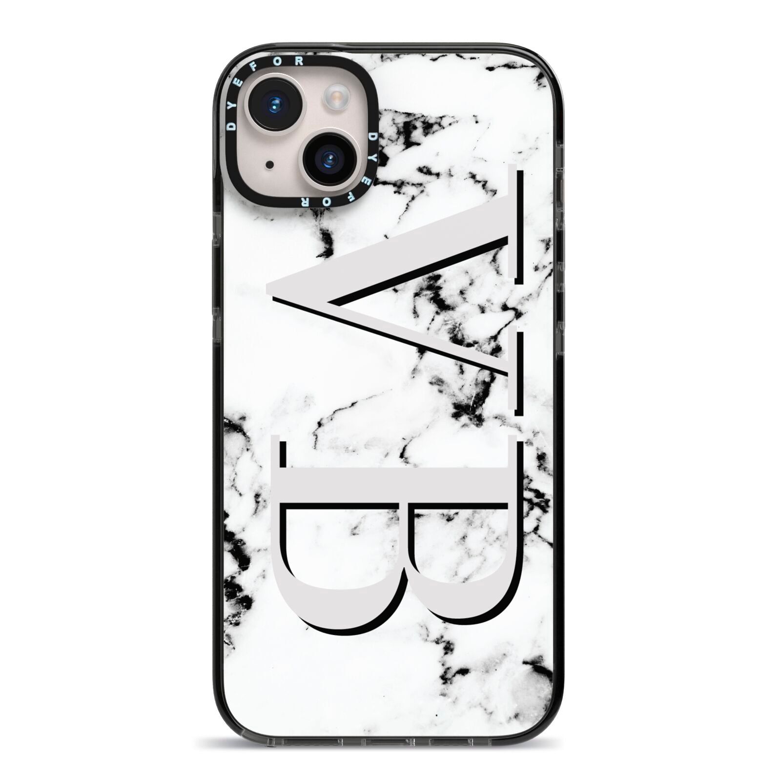 Personalised Landscape Initials With Marble iPhone 14 Plus Black Impact Case on Silver phone