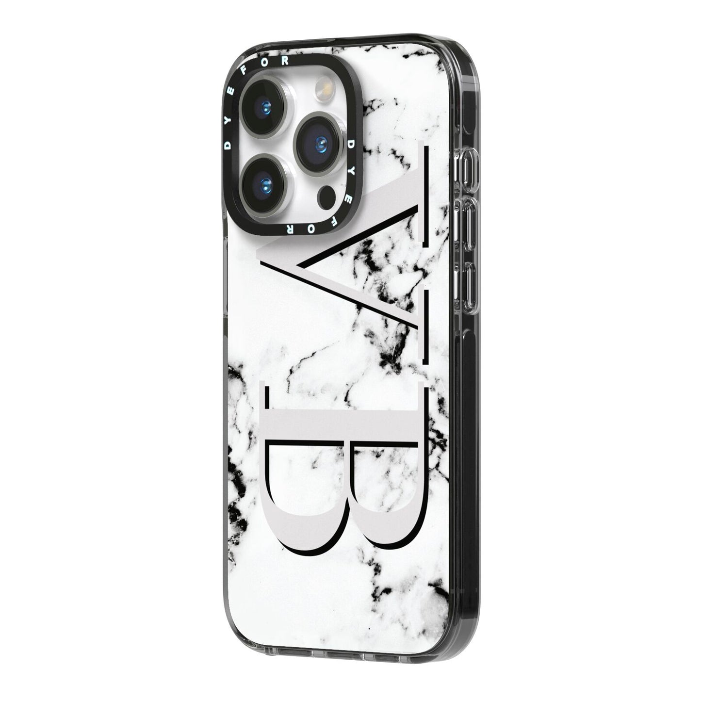 Personalised Landscape Initials With Marble iPhone 14 Pro Black Impact Case Side Angle on Silver phone