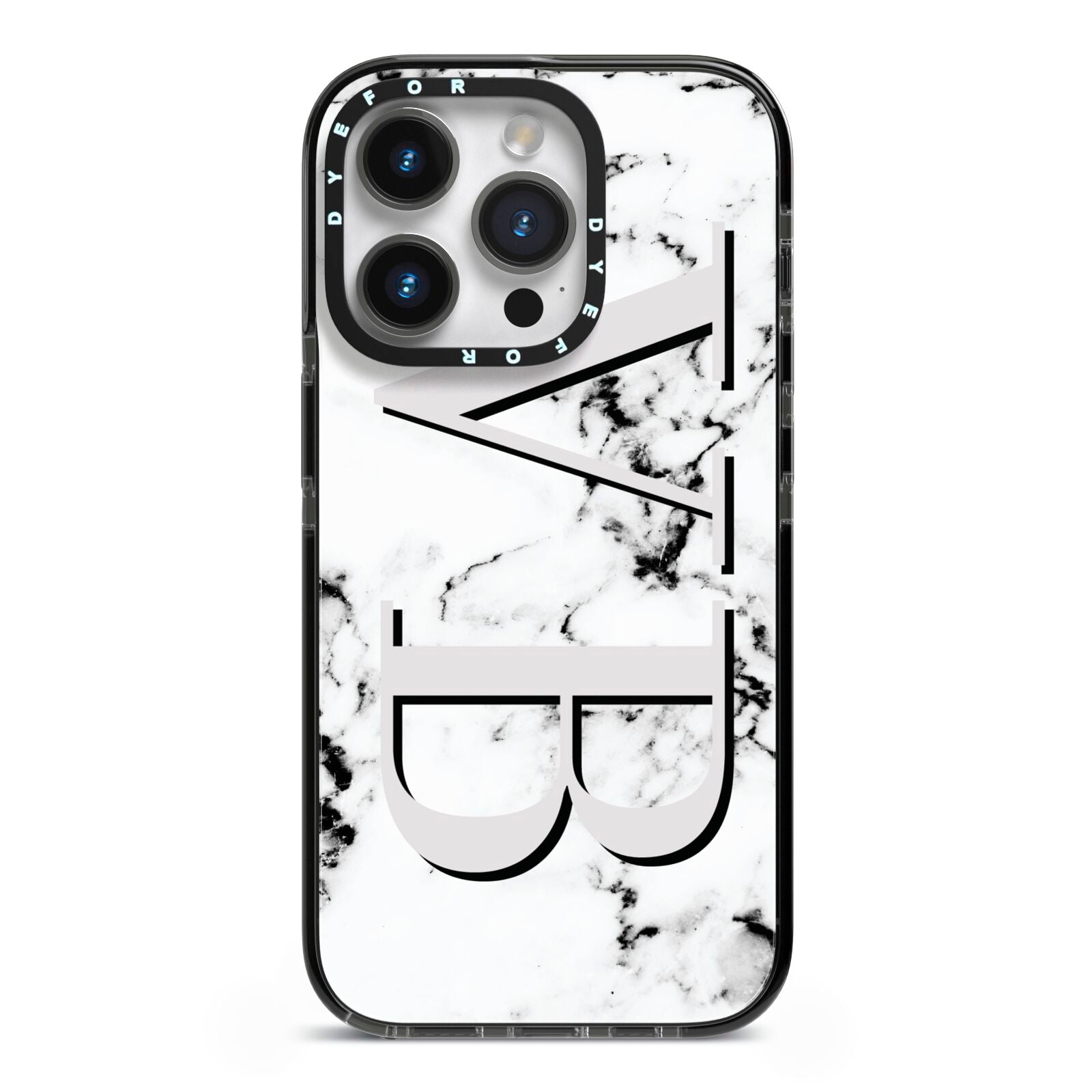 Personalised Landscape Initials With Marble iPhone 14 Pro Black Impact Case on Silver phone