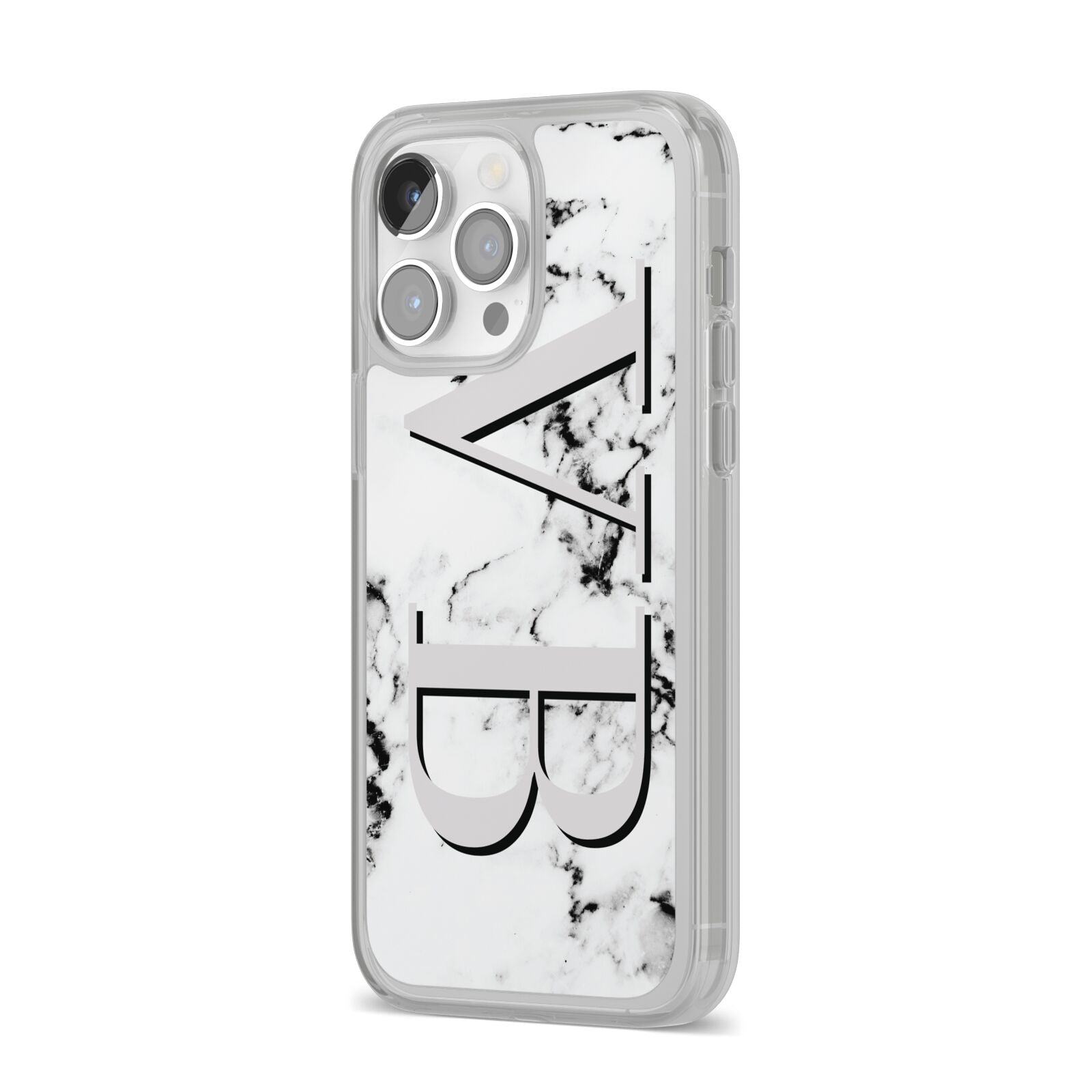 Personalised Landscape Initials With Marble iPhone 14 Pro Max Clear Tough Case Silver Angled Image