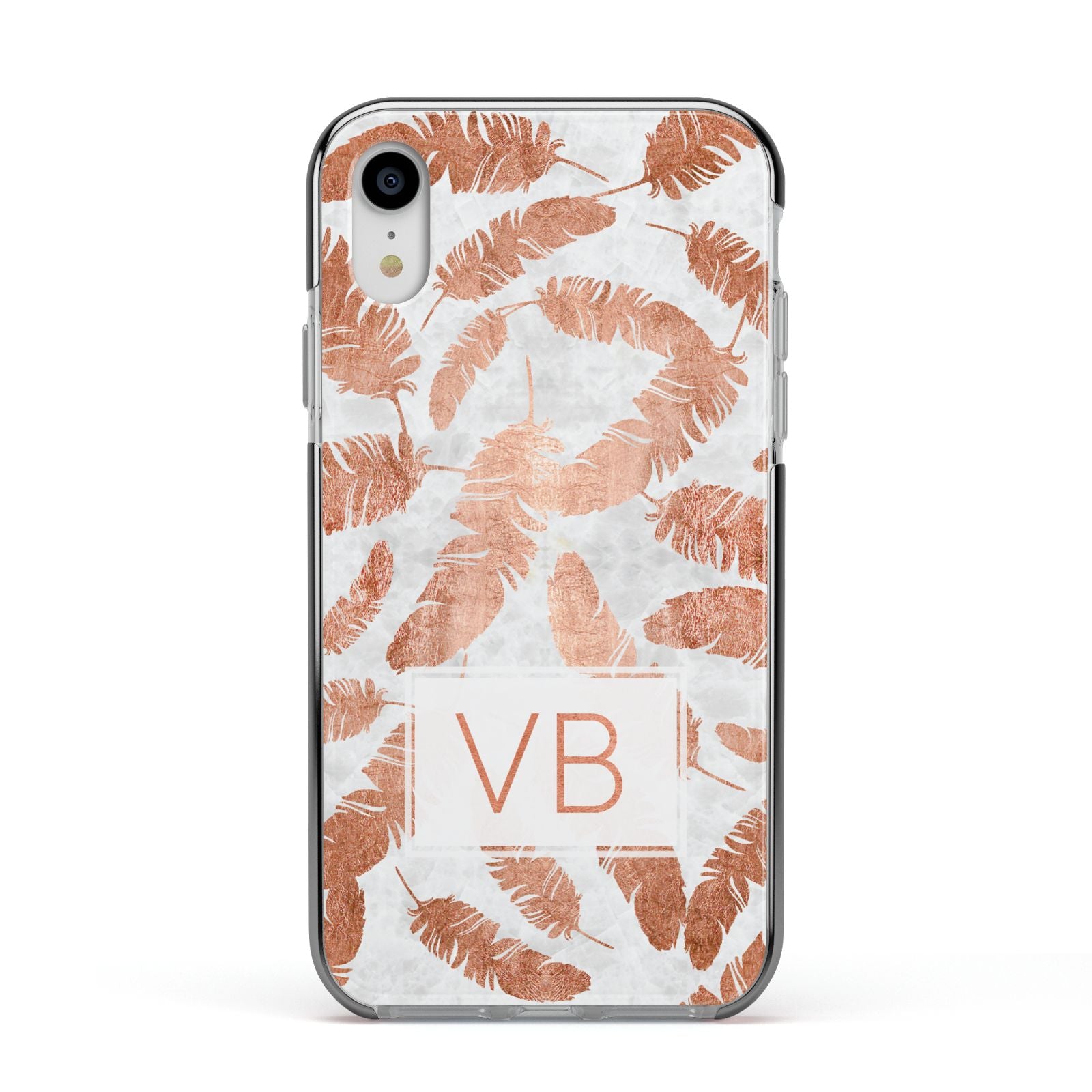 Personalised Leaf Marble Initials Apple iPhone XR Impact Case Black Edge on Silver Phone