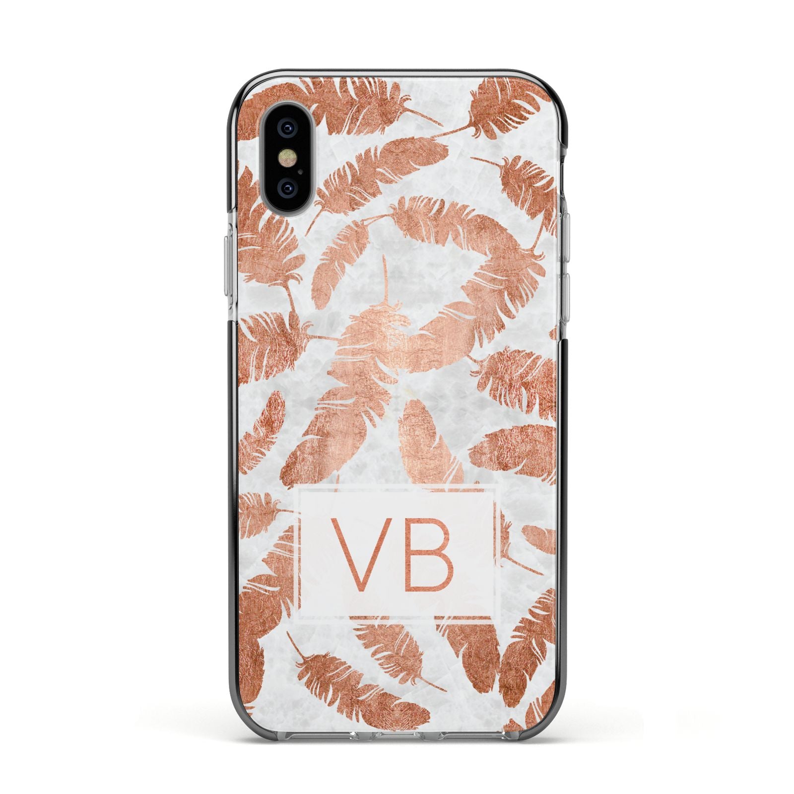 Personalised Leaf Marble Initials Apple iPhone Xs Impact Case Black Edge on Silver Phone
