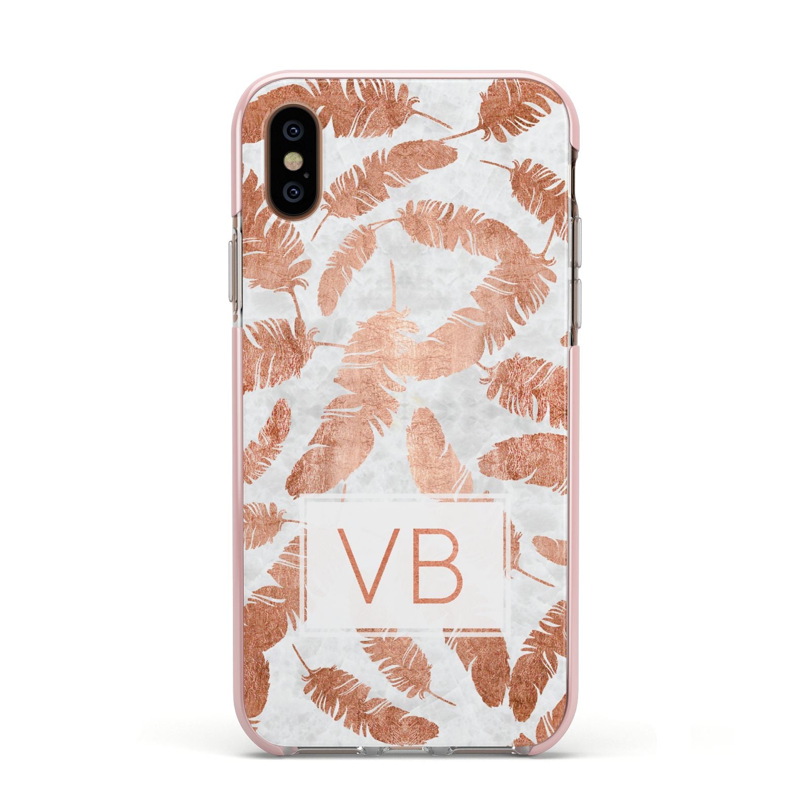 Personalised Leaf Marble Initials Apple iPhone Xs Impact Case Pink Edge on Gold Phone