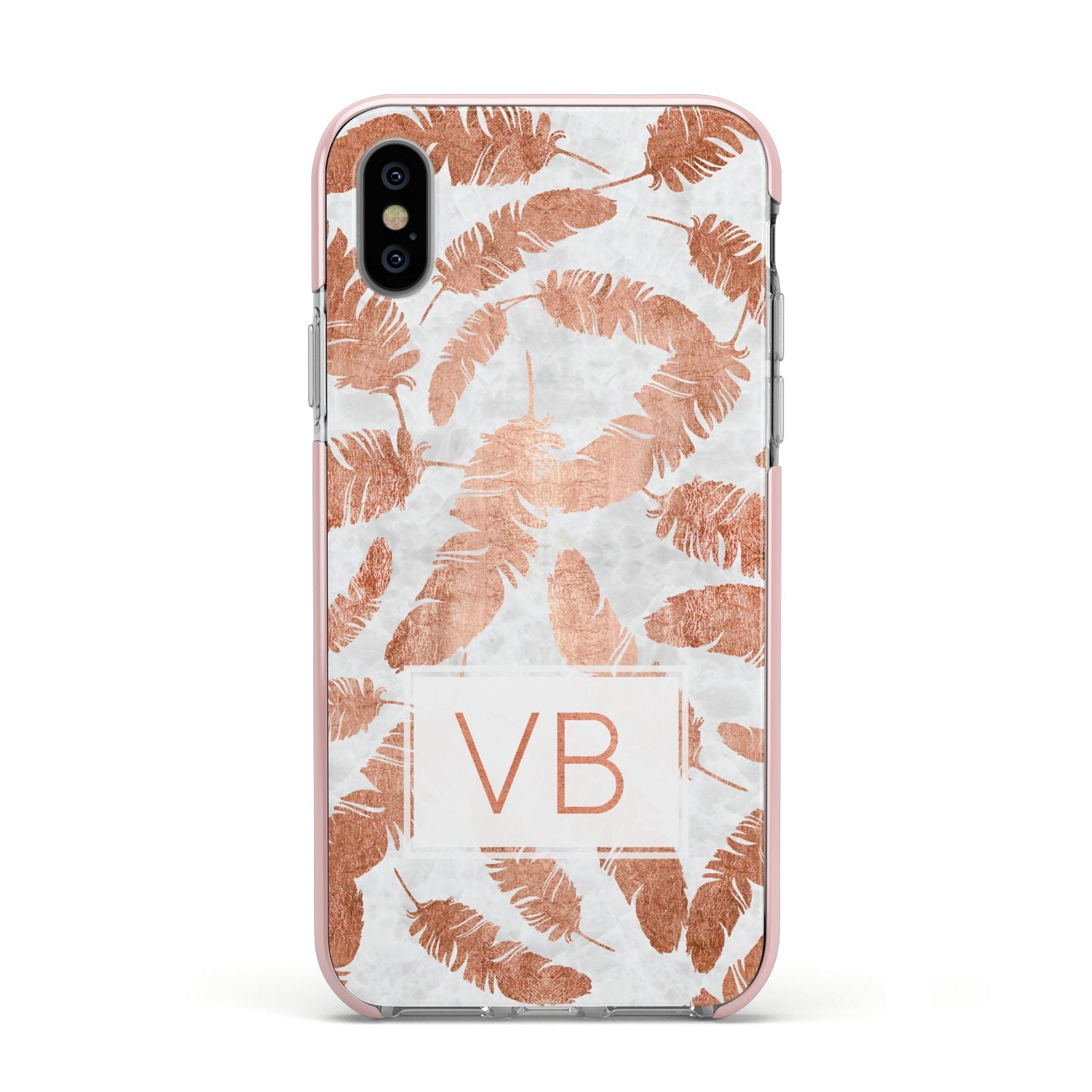 Personalised Leaf Marble Initials Apple iPhone Xs Impact Case Pink Edge on Silver Phone