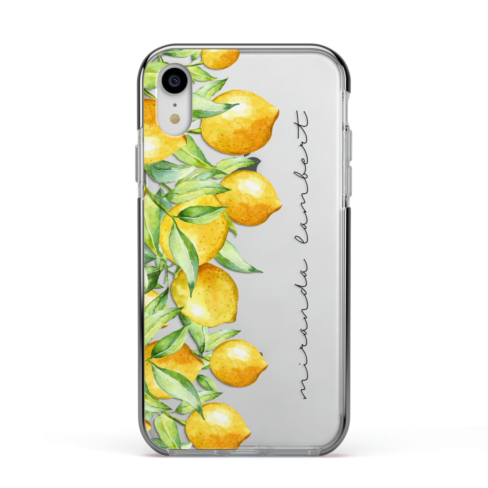 Personalised Lemon Bunches Apple iPhone XR Impact Case Black Edge on Silver Phone