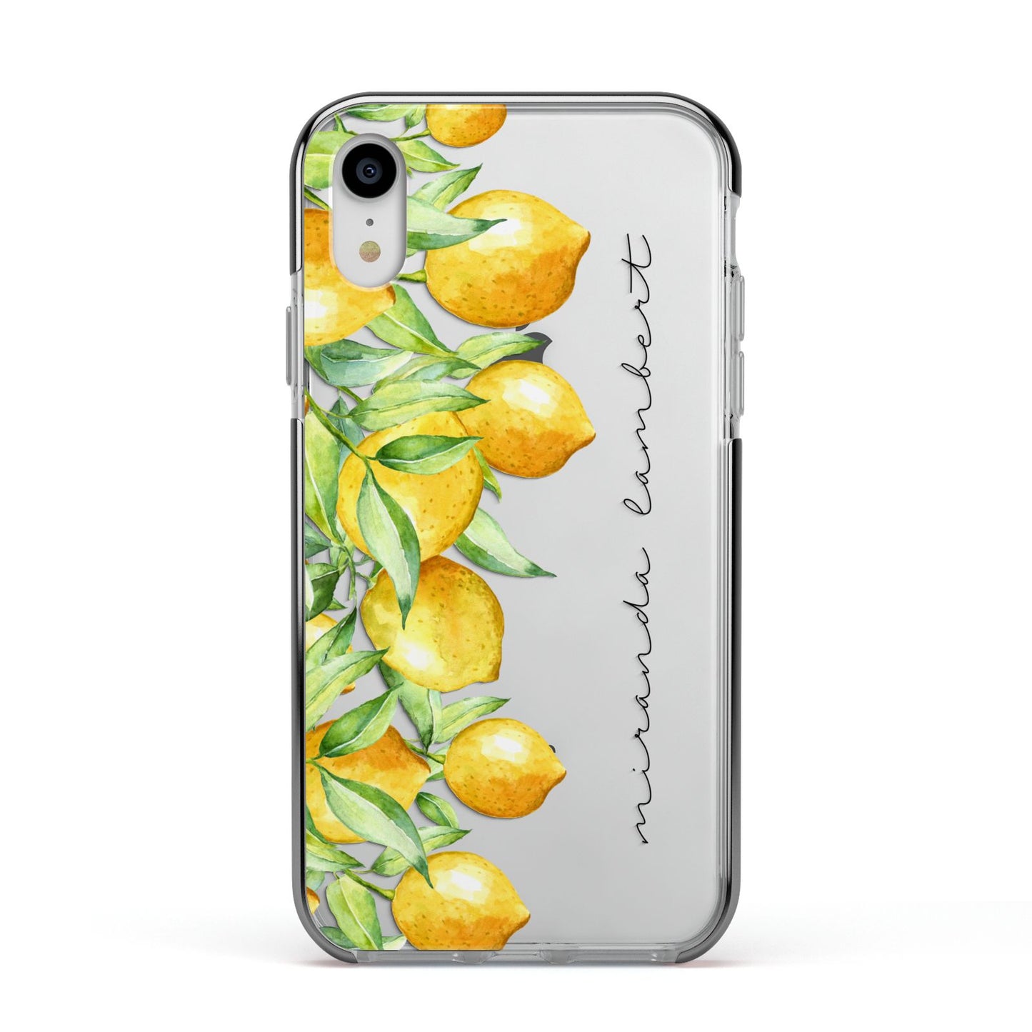 Personalised Lemon Bunches Apple iPhone XR Impact Case Black Edge on Silver Phone