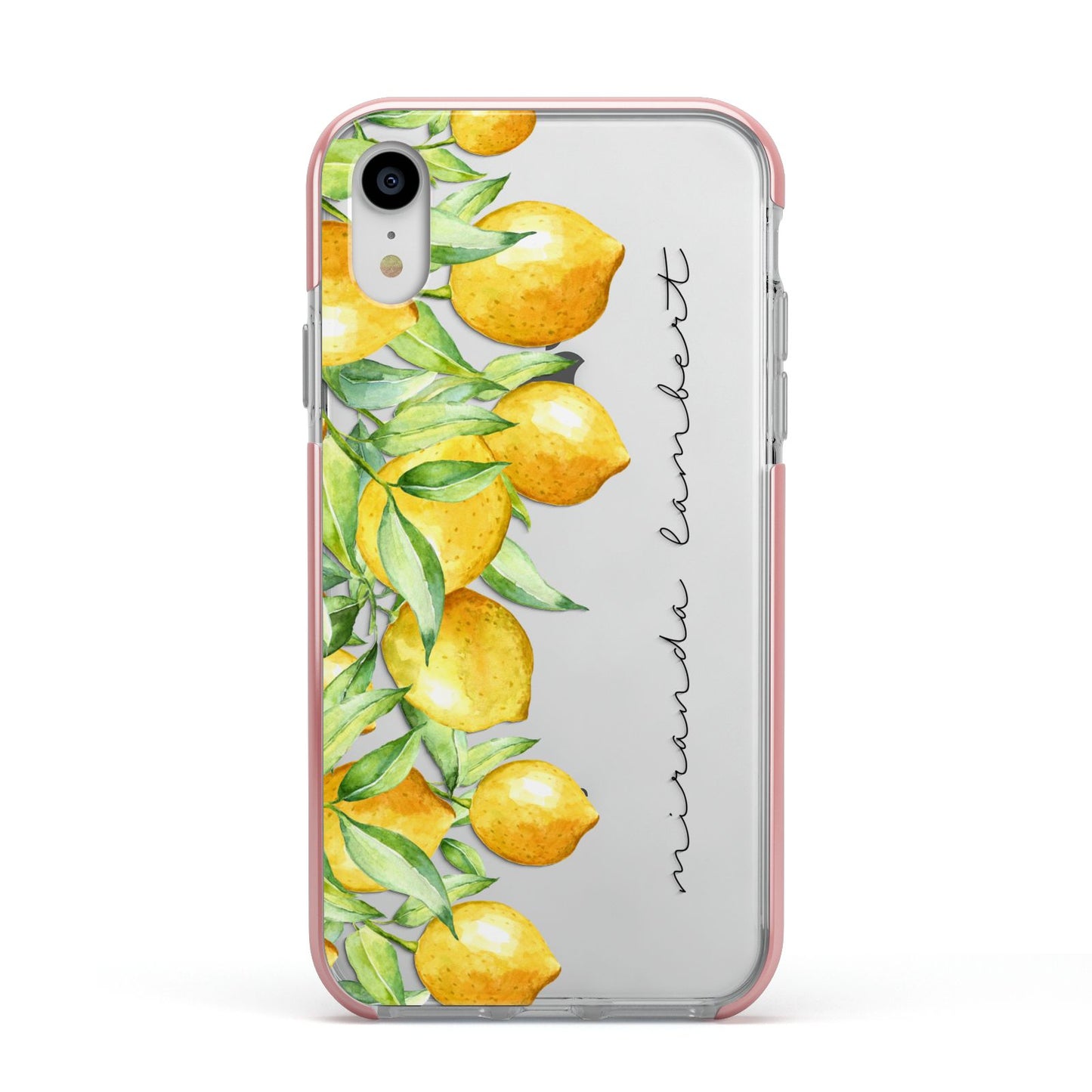 Personalised Lemon Bunches Apple iPhone XR Impact Case Pink Edge on Silver Phone
