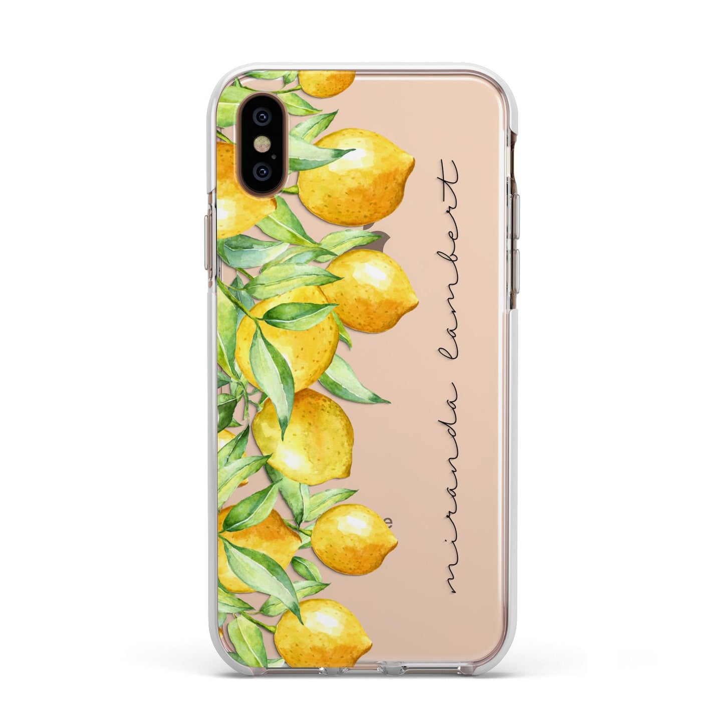 Personalised Lemon Bunches Apple iPhone Xs Impact Case White Edge on Gold Phone