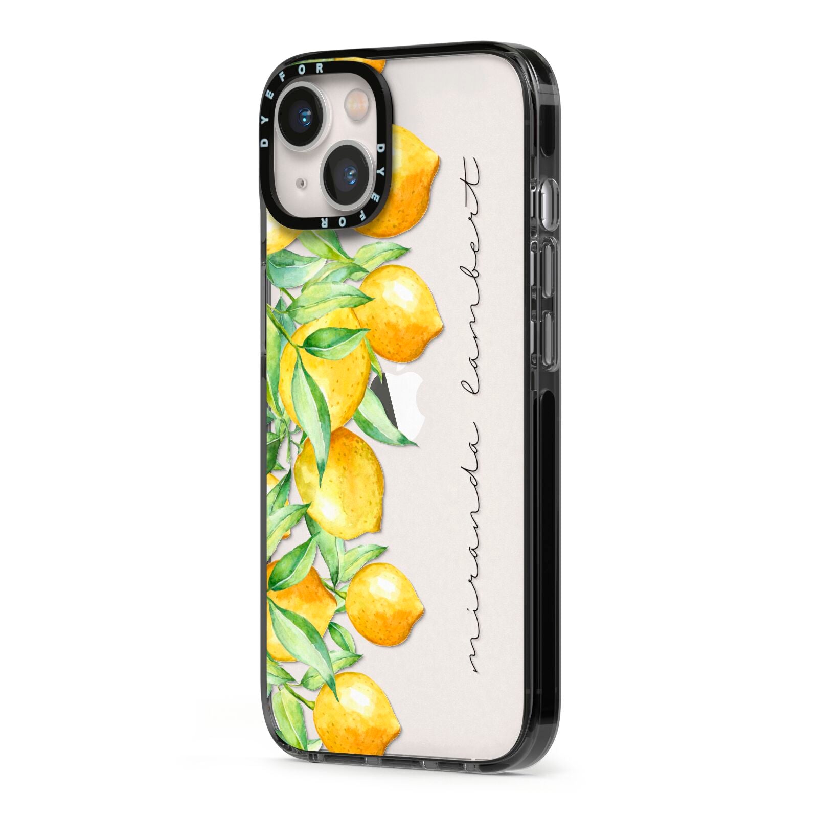 Personalised Lemon Bunches iPhone 13 Black Impact Case Side Angle on Silver phone