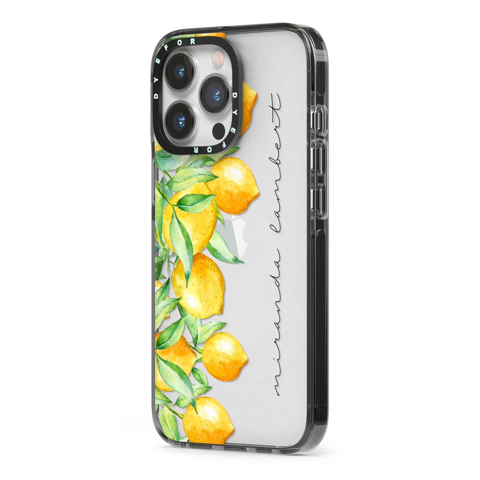 Personalised Lemon Bunches iPhone 13 Pro Black Impact Case Side Angle on Silver phone