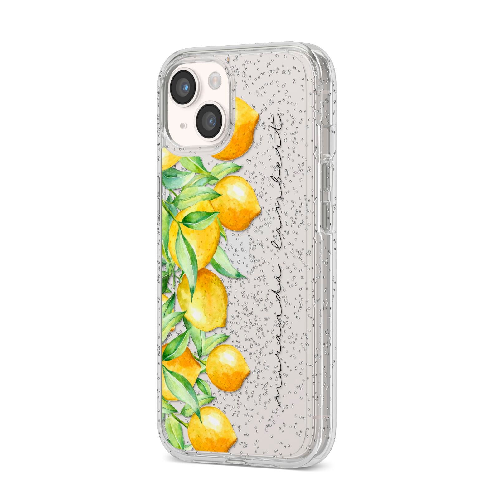 Personalised Lemon Bunches iPhone 14 Glitter Tough Case Starlight Angled Image