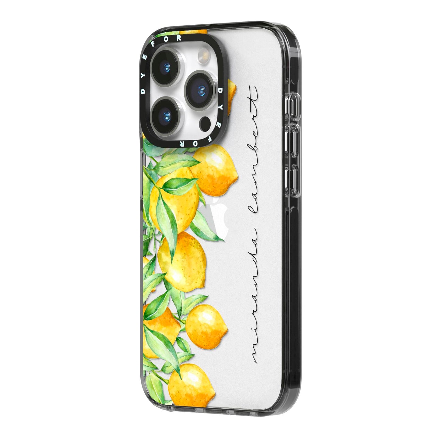 Personalised Lemon Bunches iPhone 14 Pro Black Impact Case Side Angle on Silver phone