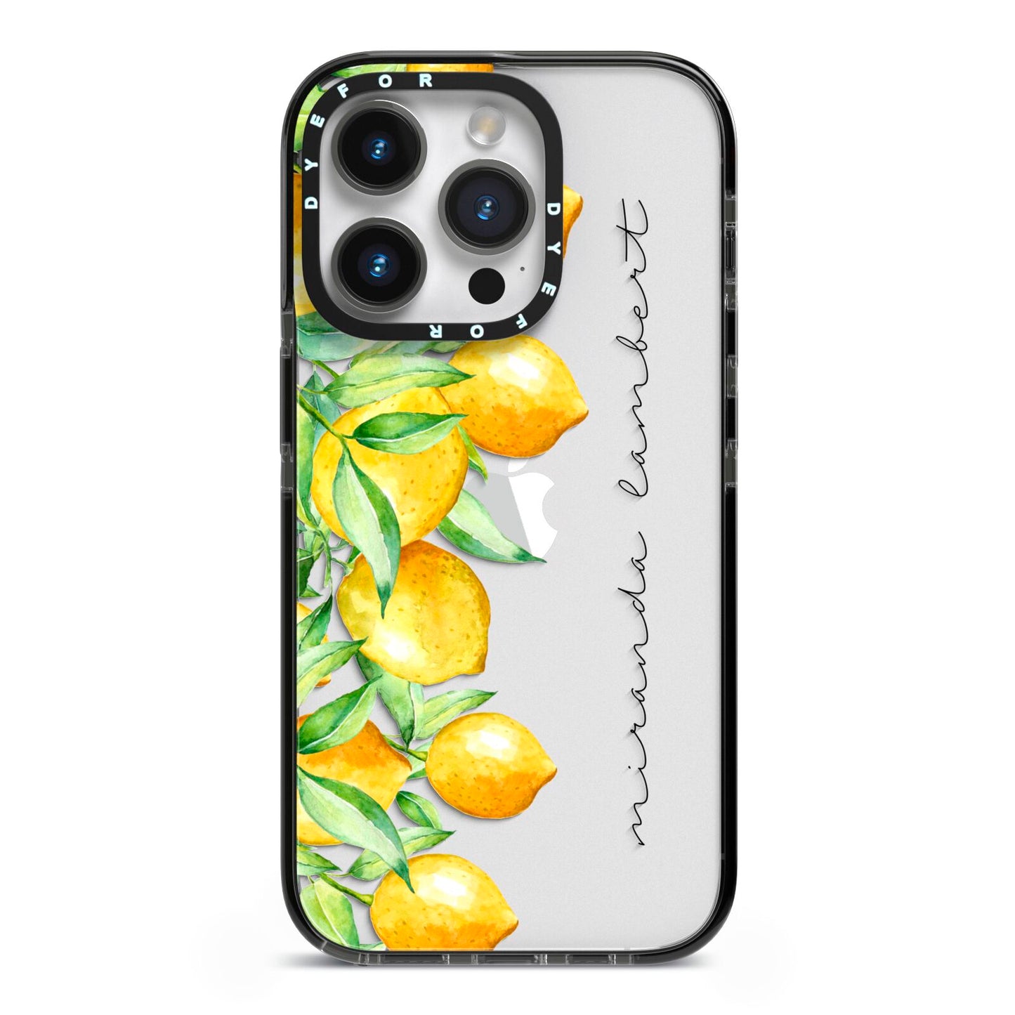 Personalised Lemon Bunches iPhone 14 Pro Black Impact Case on Silver phone