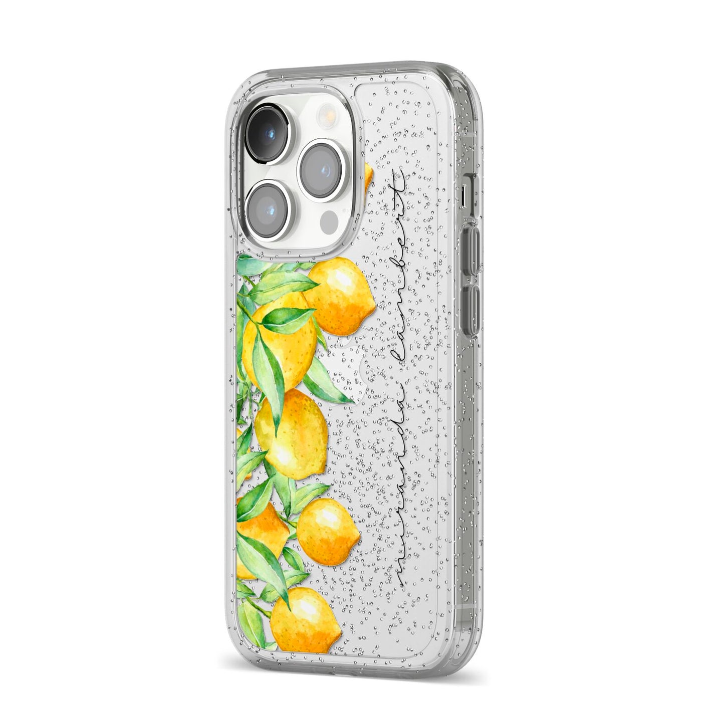 Personalised Lemon Bunches iPhone 14 Pro Glitter Tough Case Silver Angled Image