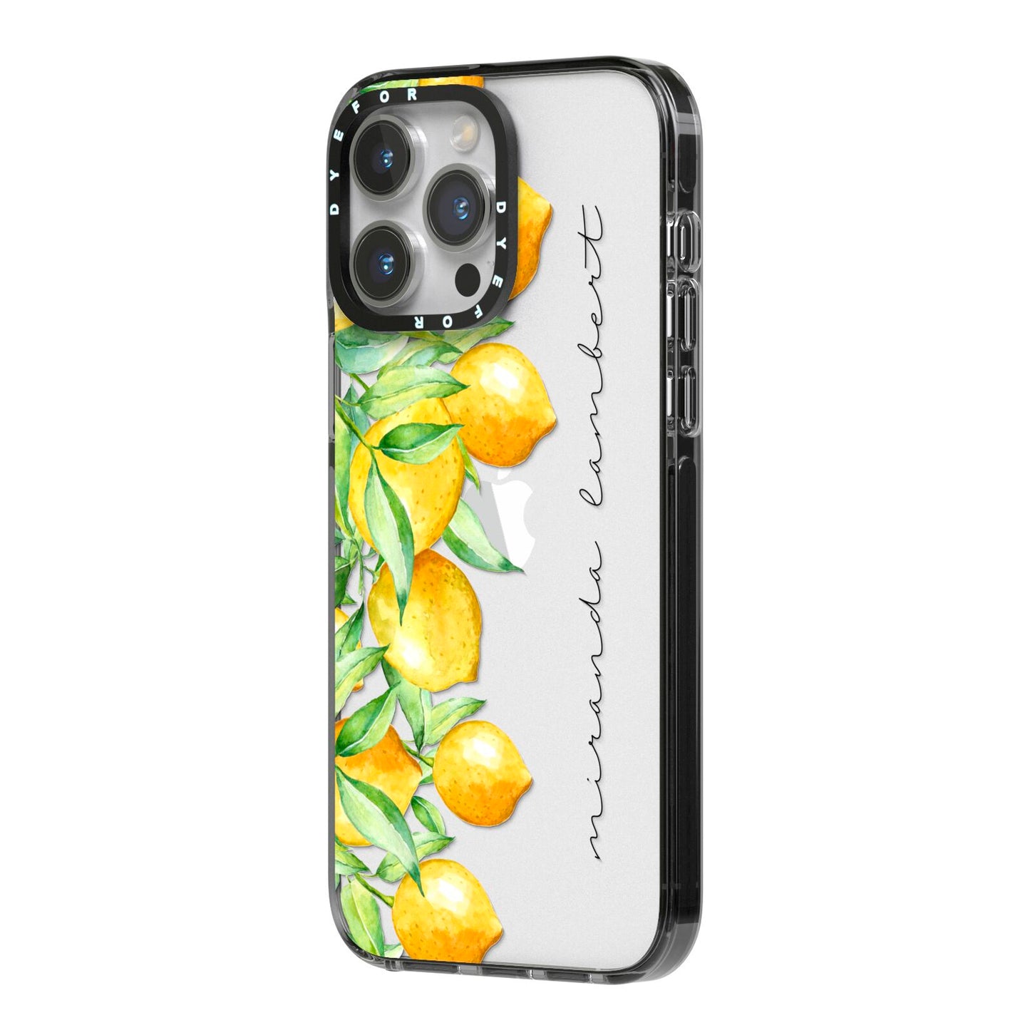 Personalised Lemon Bunches iPhone 14 Pro Max Black Impact Case Side Angle on Silver phone