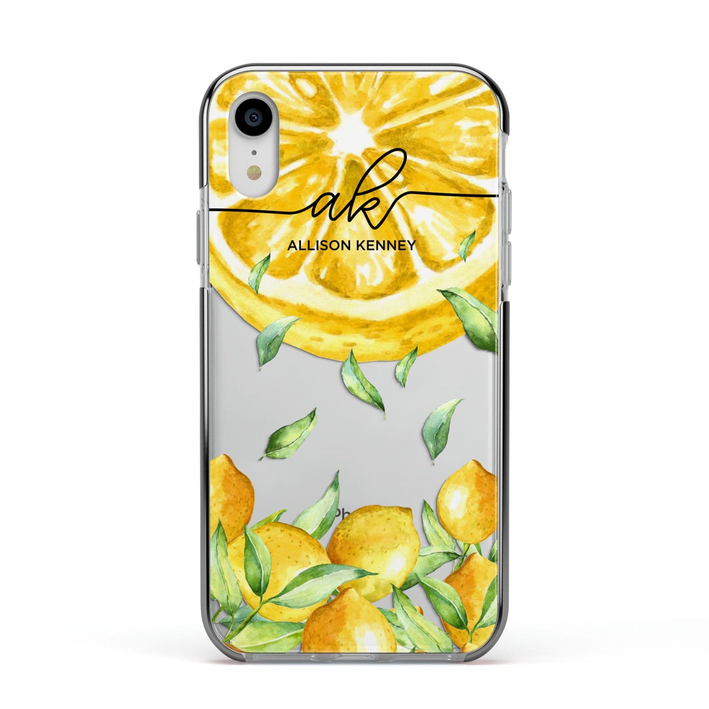 Personalised Lemon Slice Apple iPhone XR Impact Case Black Edge on Silver Phone