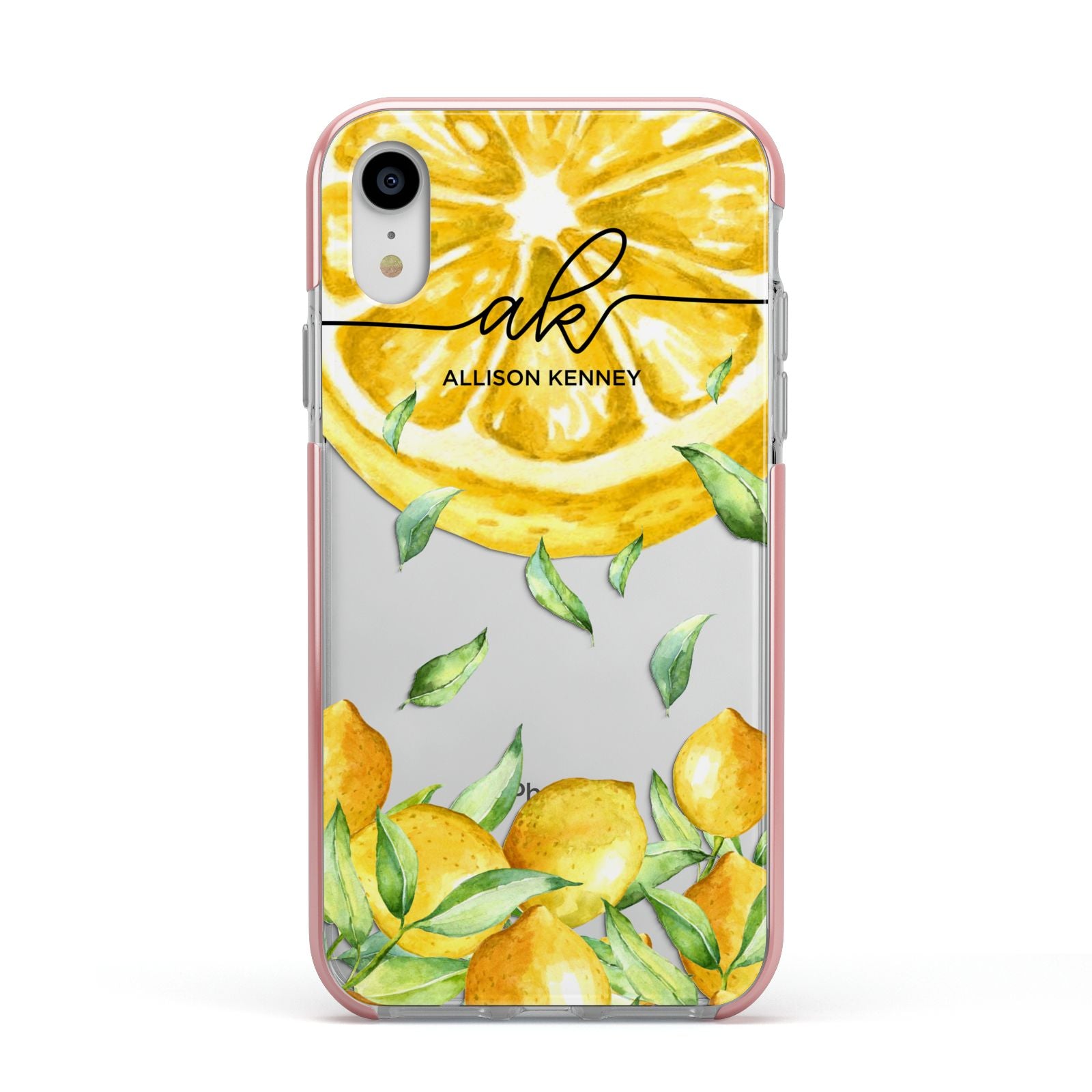 Personalised Lemon Slice Apple iPhone XR Impact Case Pink Edge on Silver Phone