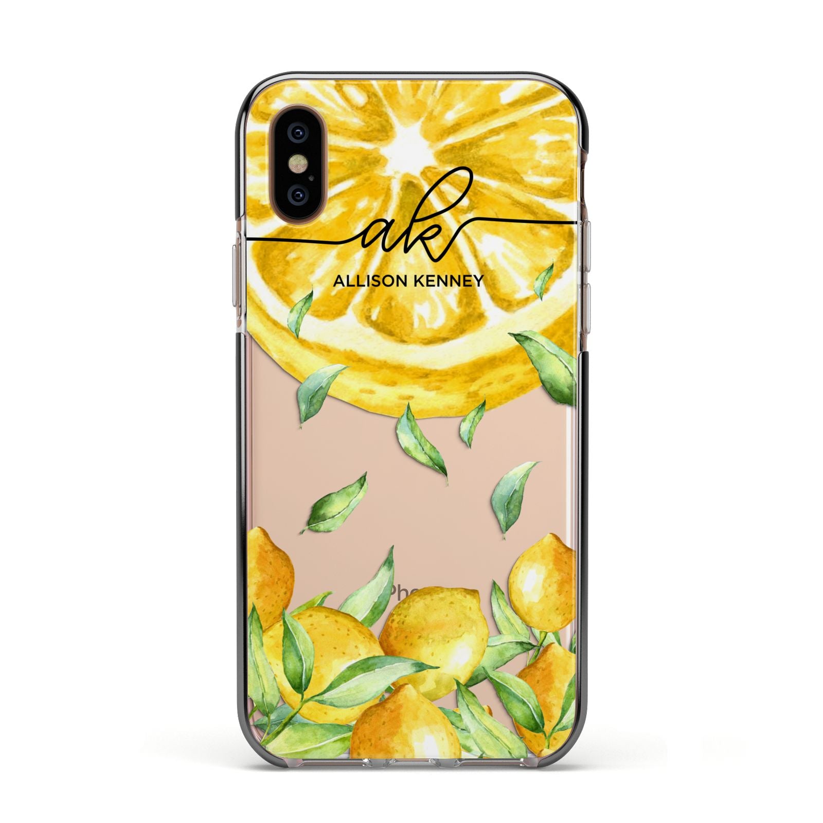 Personalised Lemon Slice Apple iPhone Xs Impact Case Black Edge on Gold Phone