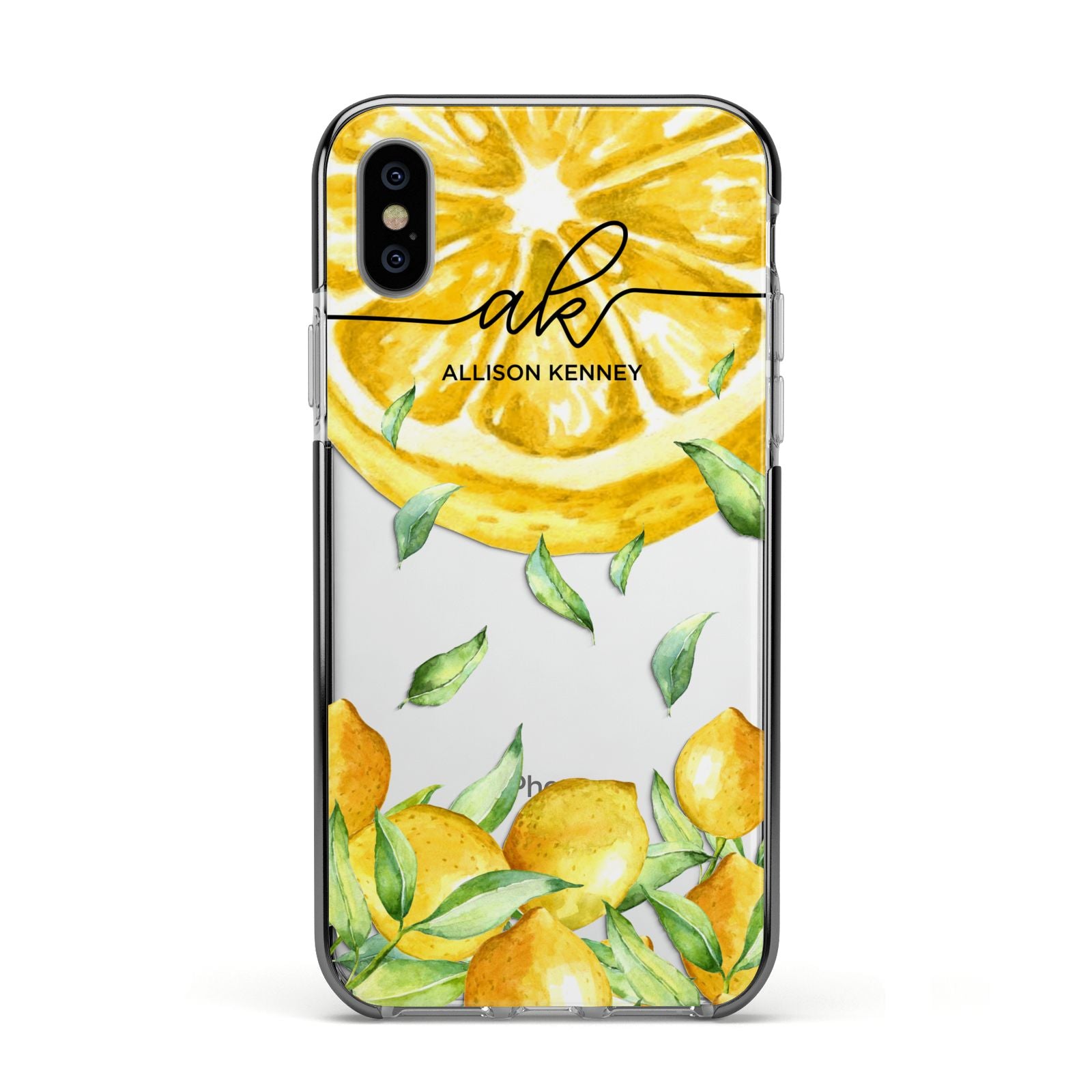 Personalised Lemon Slice Apple iPhone Xs Impact Case Black Edge on Silver Phone
