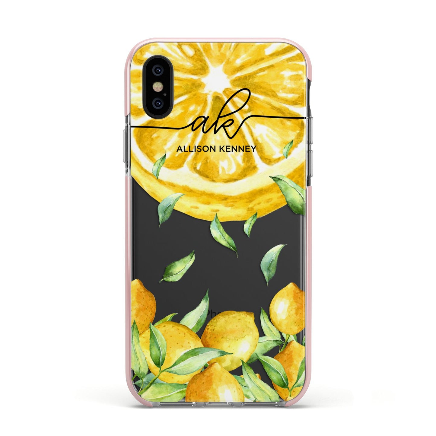 Personalised Lemon Slice Apple iPhone Xs Impact Case Pink Edge on Black Phone