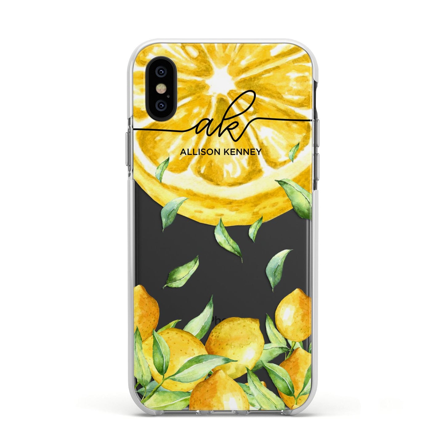 Personalised Lemon Slice Apple iPhone Xs Impact Case White Edge on Black Phone