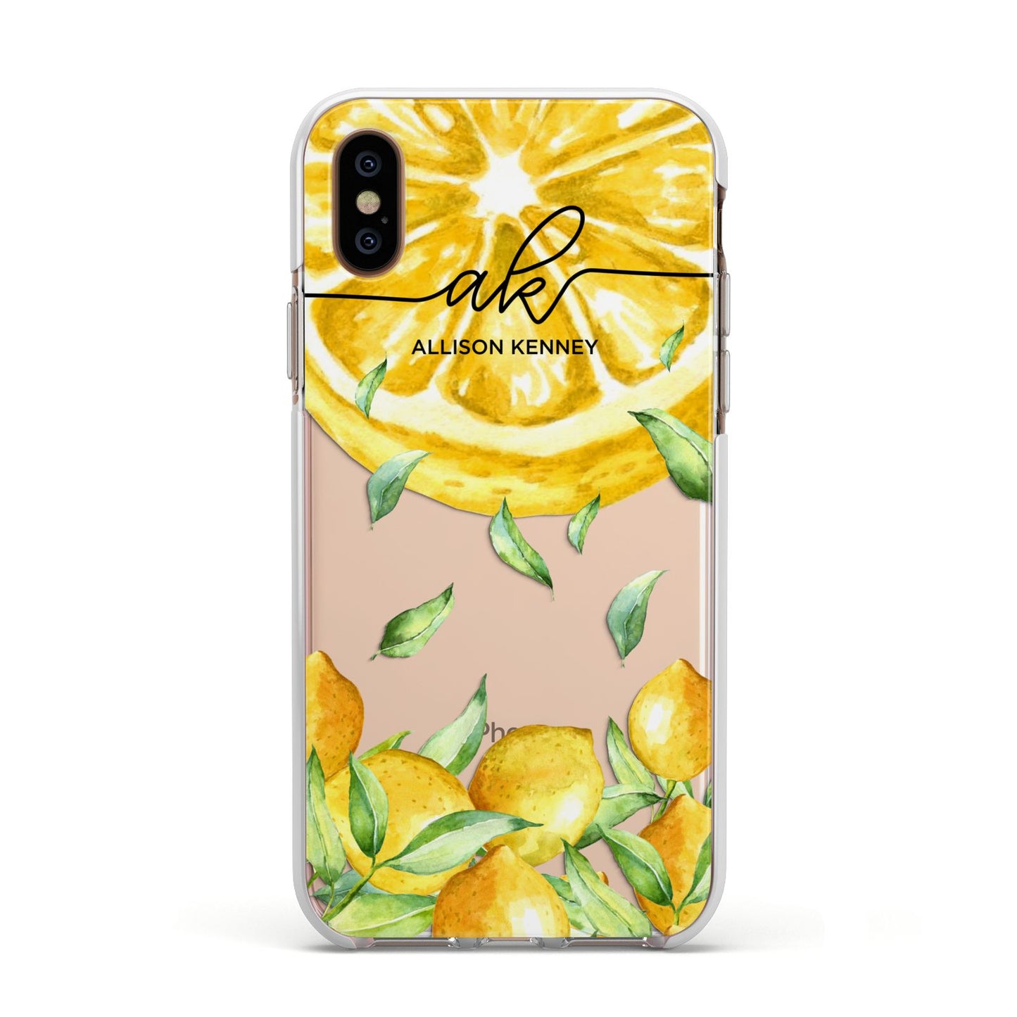 Personalised Lemon Slice Apple iPhone Xs Impact Case White Edge on Gold Phone
