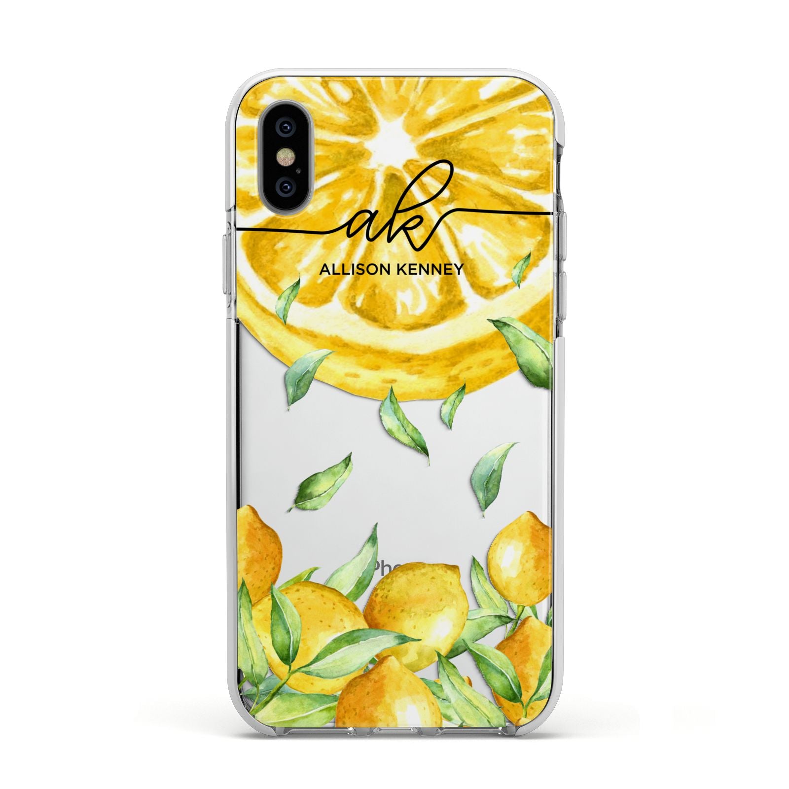 Personalised Lemon Slice Apple iPhone Xs Impact Case White Edge on Silver Phone