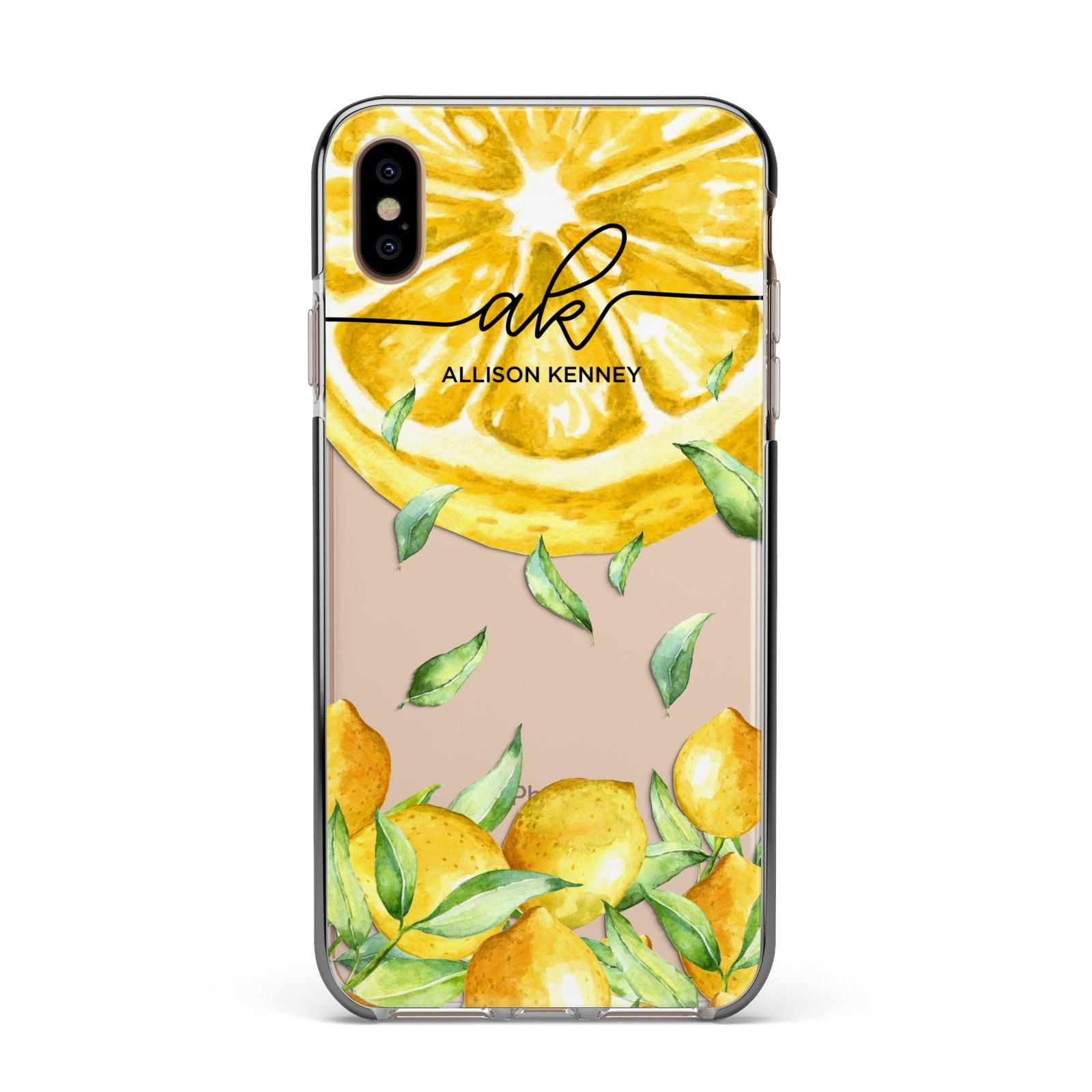 Personalised Lemon Slice Apple iPhone Xs Max Impact Case Black Edge on Gold Phone