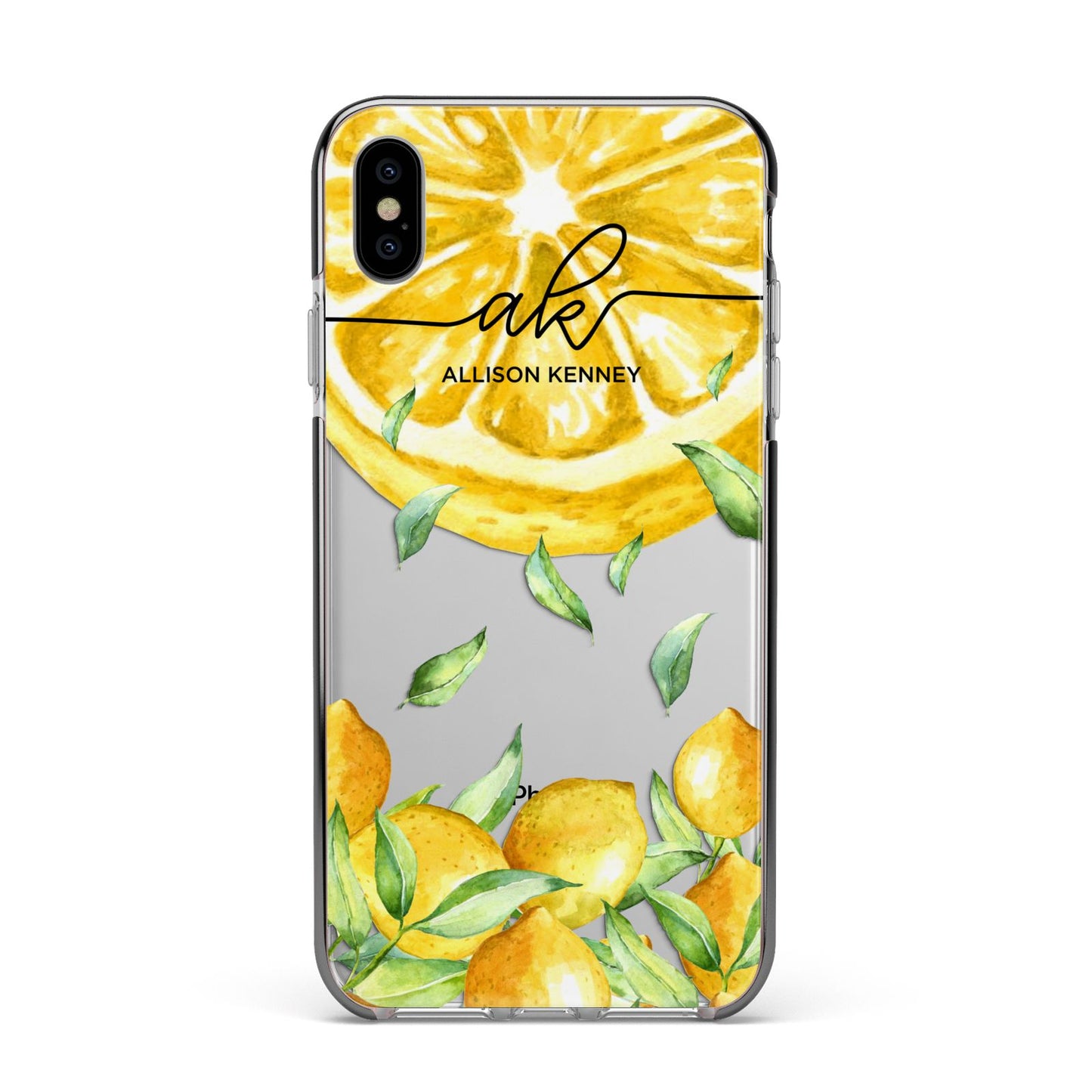 Personalised Lemon Slice Apple iPhone Xs Max Impact Case Black Edge on Silver Phone