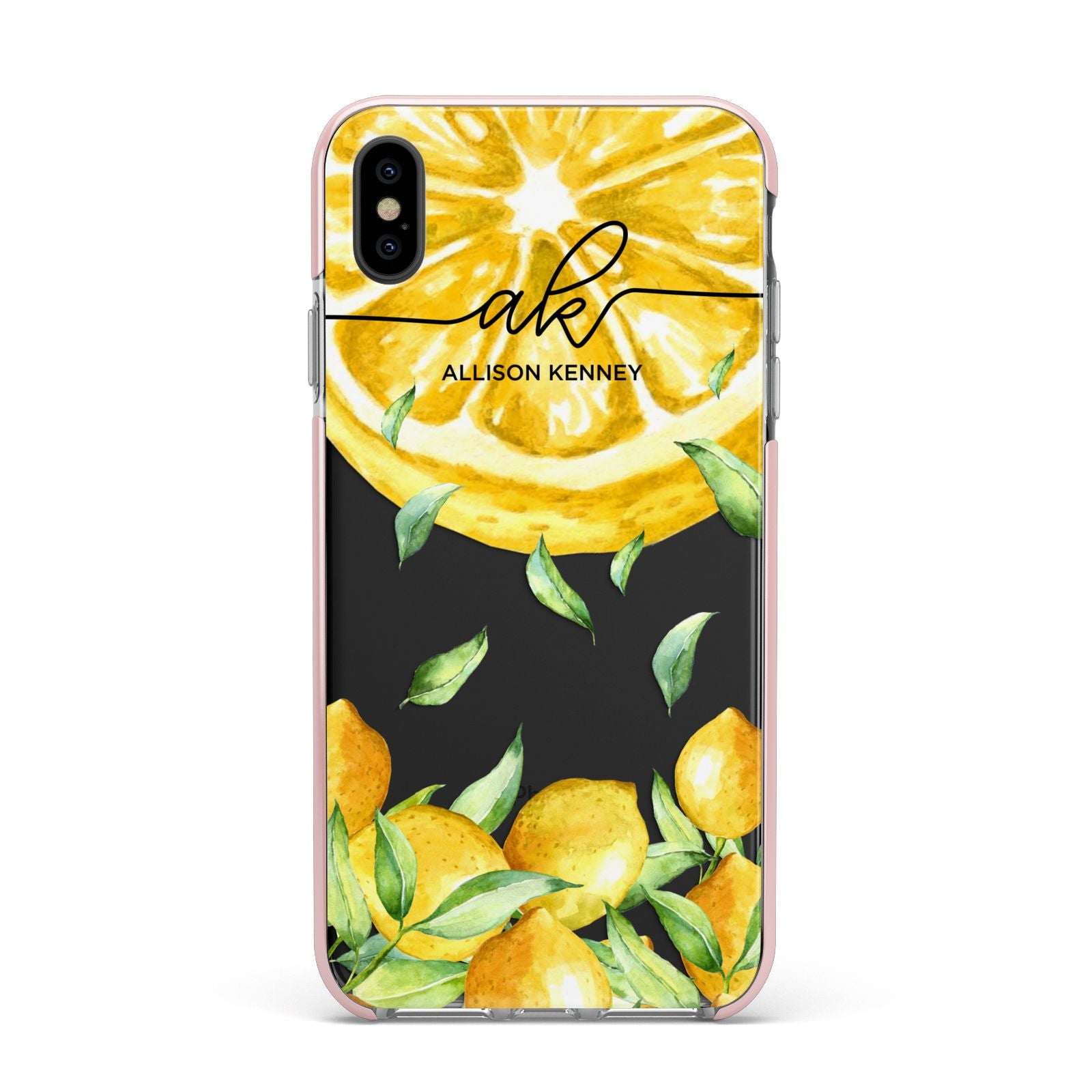 Personalised Lemon Slice Apple iPhone Xs Max Impact Case Pink Edge on Black Phone