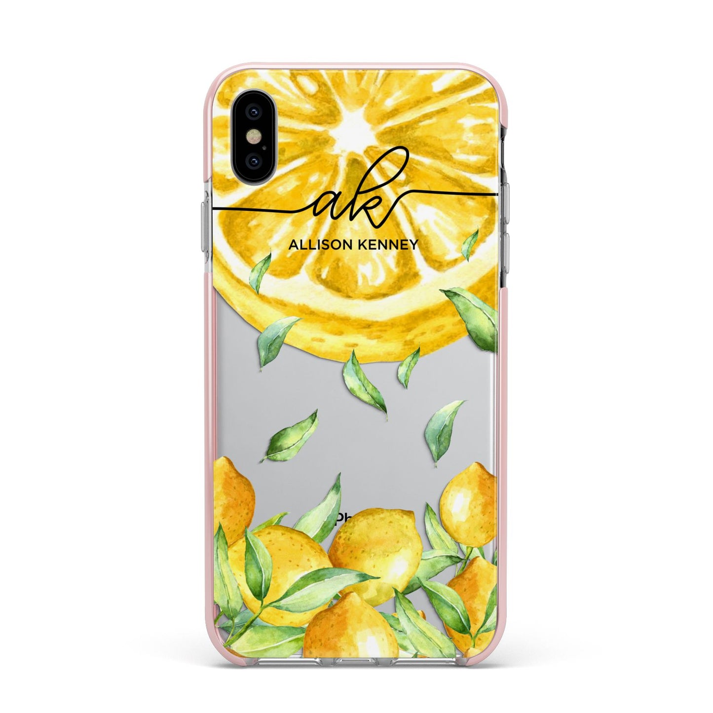 Personalised Lemon Slice Apple iPhone Xs Max Impact Case Pink Edge on Silver Phone
