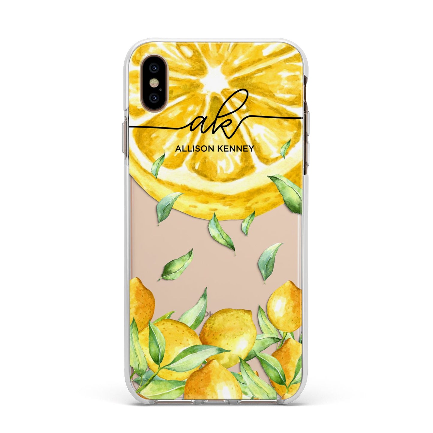 Personalised Lemon Slice Apple iPhone Xs Max Impact Case White Edge on Gold Phone