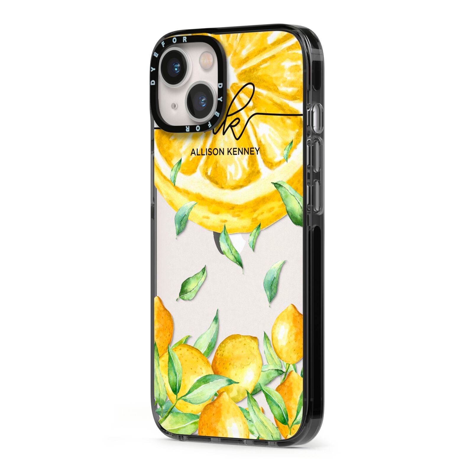 Personalised Lemon Slice iPhone 13 Black Impact Case Side Angle on Silver phone