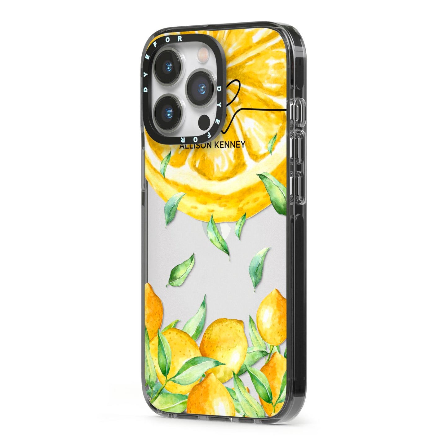 Personalised Lemon Slice iPhone 13 Pro Black Impact Case Side Angle on Silver phone