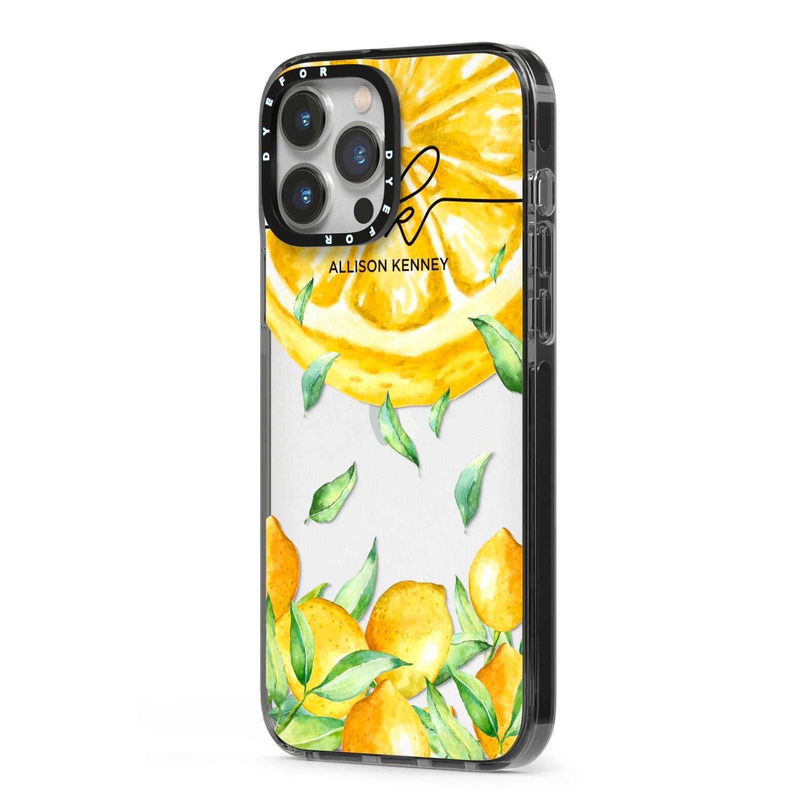Personalised Lemon Slice iPhone 13 Pro Max Black Impact Case Side Angle on Silver phone