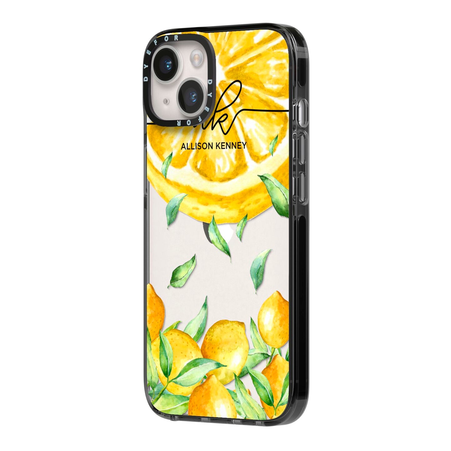 Personalised Lemon Slice iPhone 14 Black Impact Case Side Angle on Silver phone